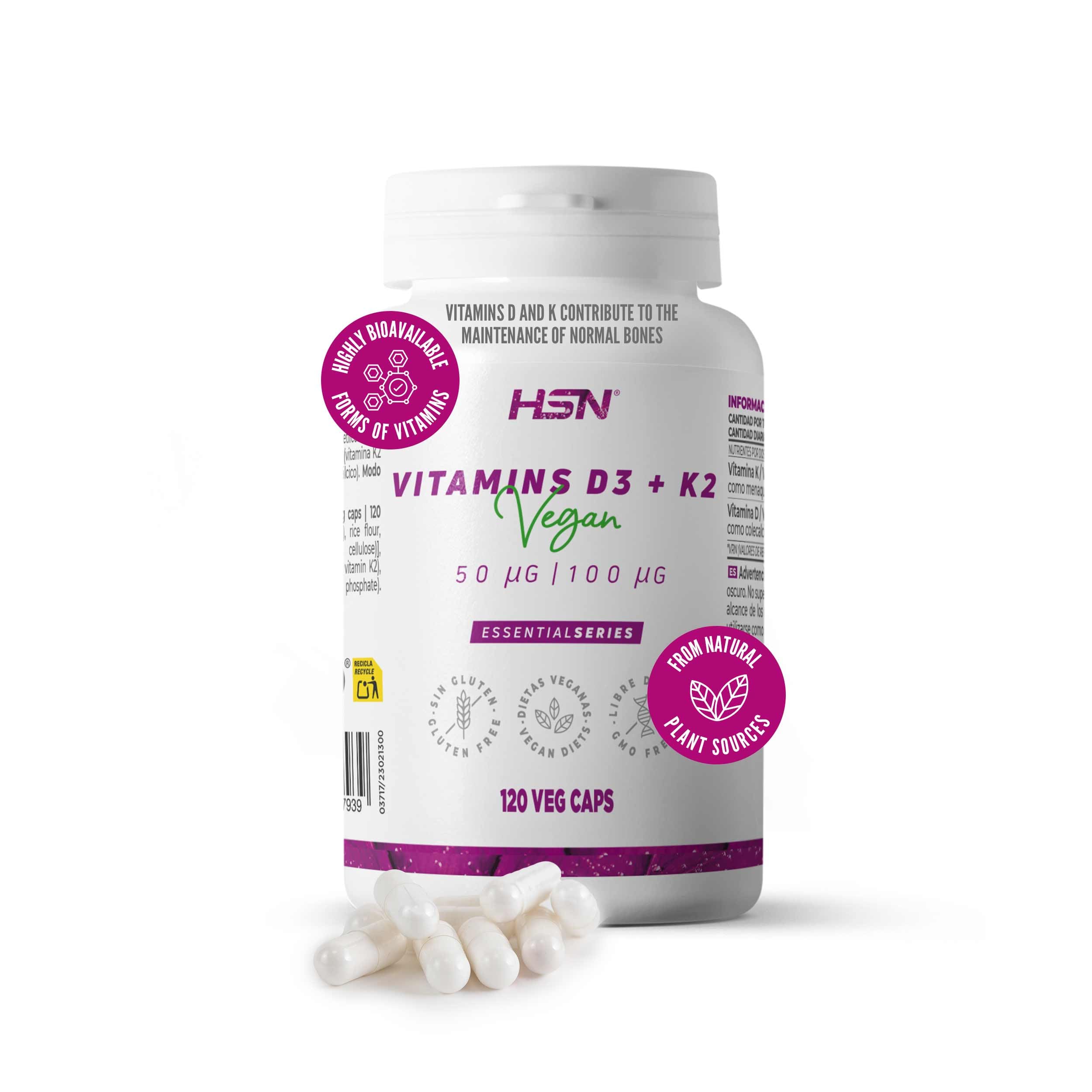 HSN Vitamina D3 + K2 Vegana (2000UI + 100mcg) | 120 cápsulas Vegetales | Colecalciferol + Menaquinona-​7: Formas de Alta Biodisponibilidad | No-​GMO, Libre de Gluten