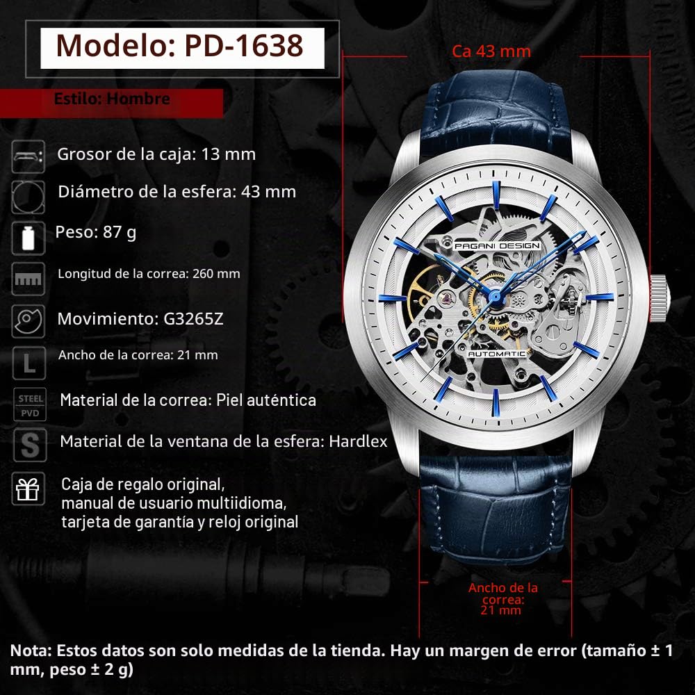 Pagani Design 1638 - Reloj de pulsera automático para hombre, con esfera de esqueleto, correa de piel auténtica, reloj de pulsera mecánico analógico hueco informal