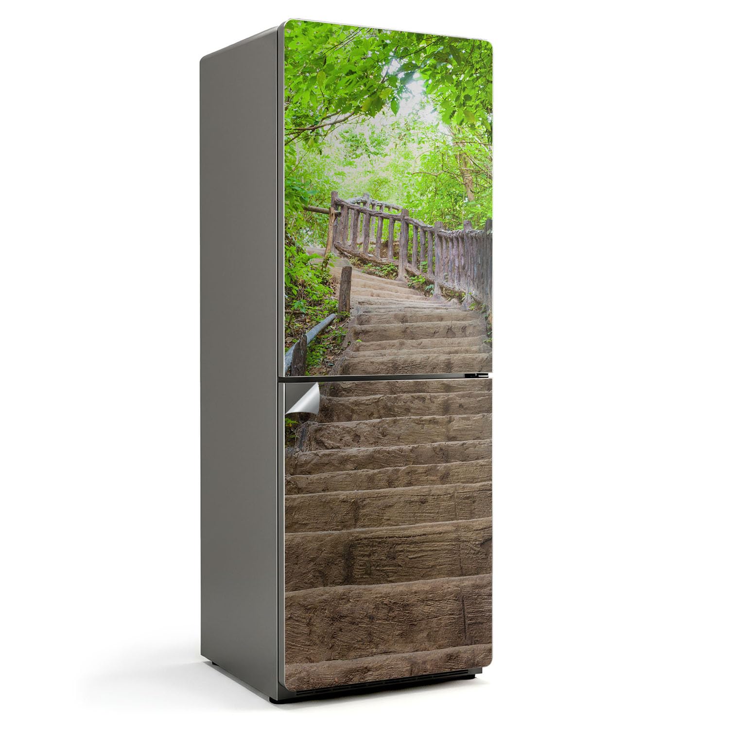 Vinilo para Frigorífico 70x190 cm con Diseño de Escaleras en el Bosque Verde