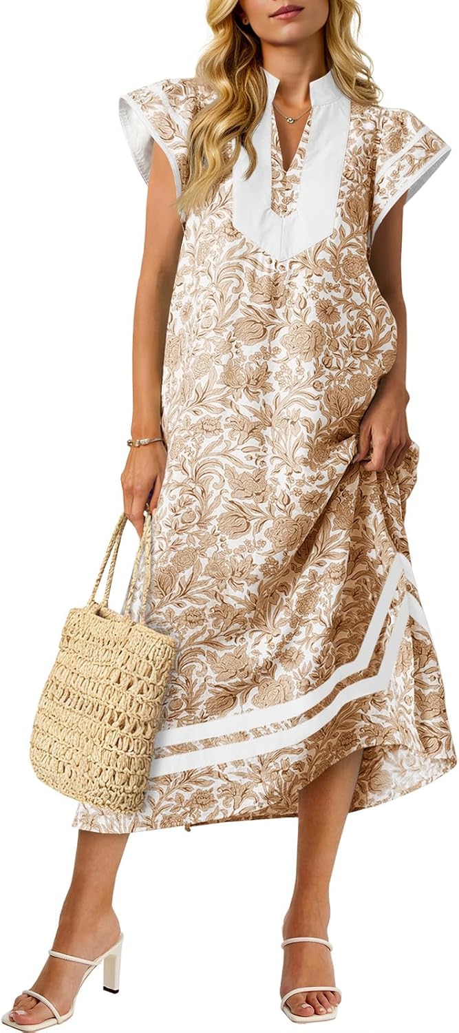 Wenrine Womens Summer Floral Maxi Dress Casual Short Cap Sleeve V Neck Color Block Side Slit Loose Boho Beach Dresses