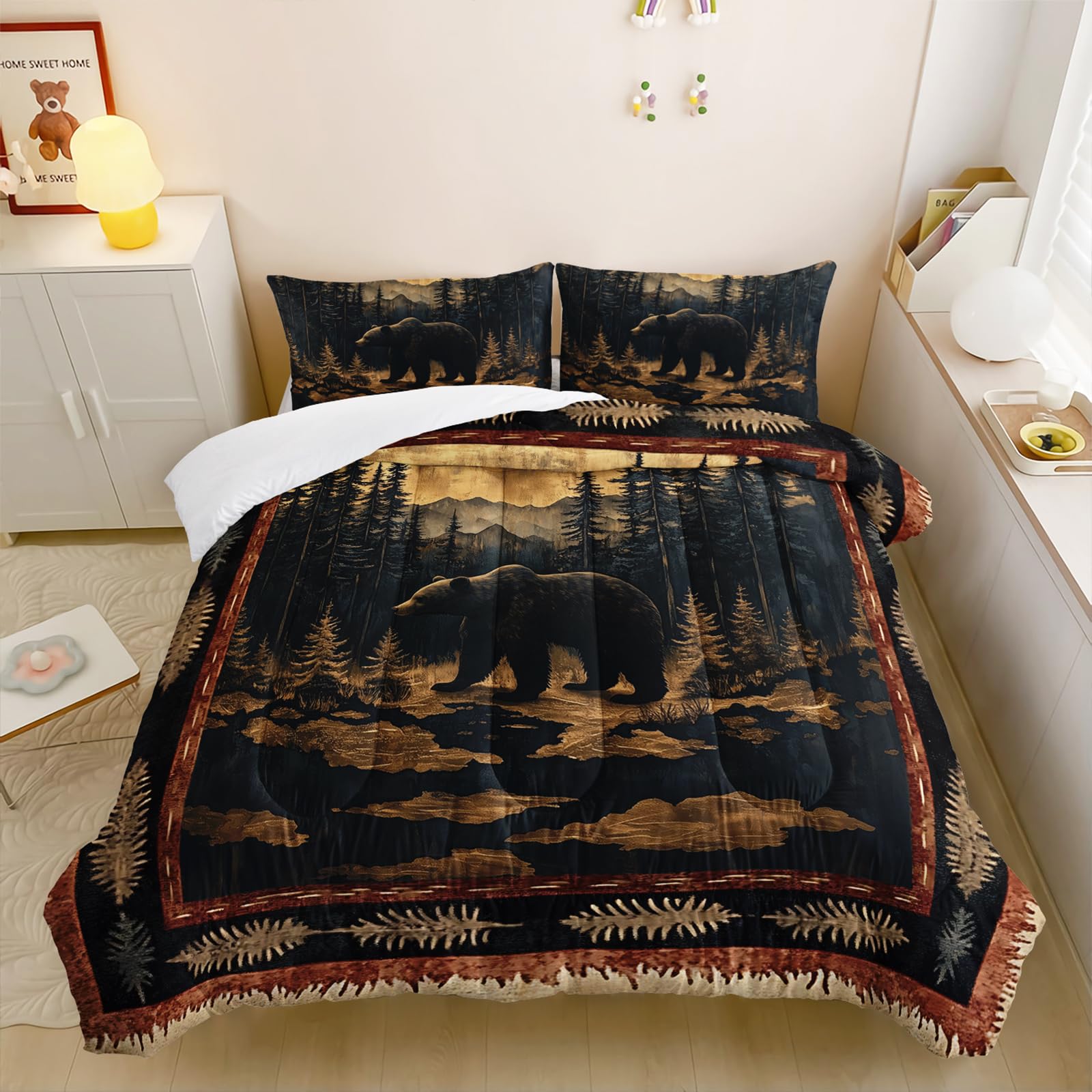 Black Bear Comforter Set Full Size for Kids Boys,Rustic Comforter Set,Cabin Woodland Forest Animals Hunting Bedding Set,Soft Microfiber Wildlife Quilt Set