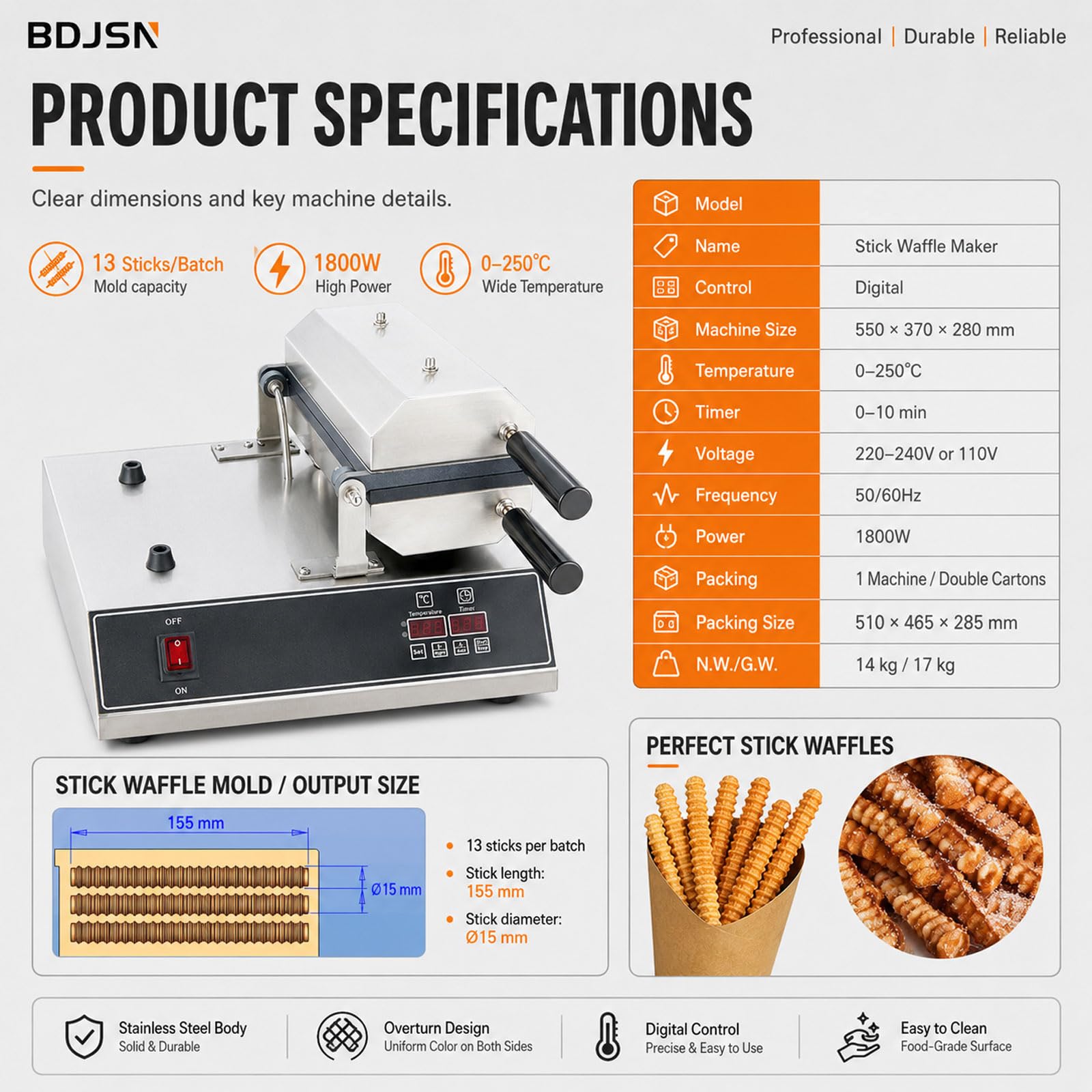 Gofrera De Palitos Profesional 13 Unidades, 1800w Eléctrica con Temperatura & Temporizador Digitales, Diseño Giratorio 180°, Placas Antiadherentes, Cuerpo Acero Inoxidable