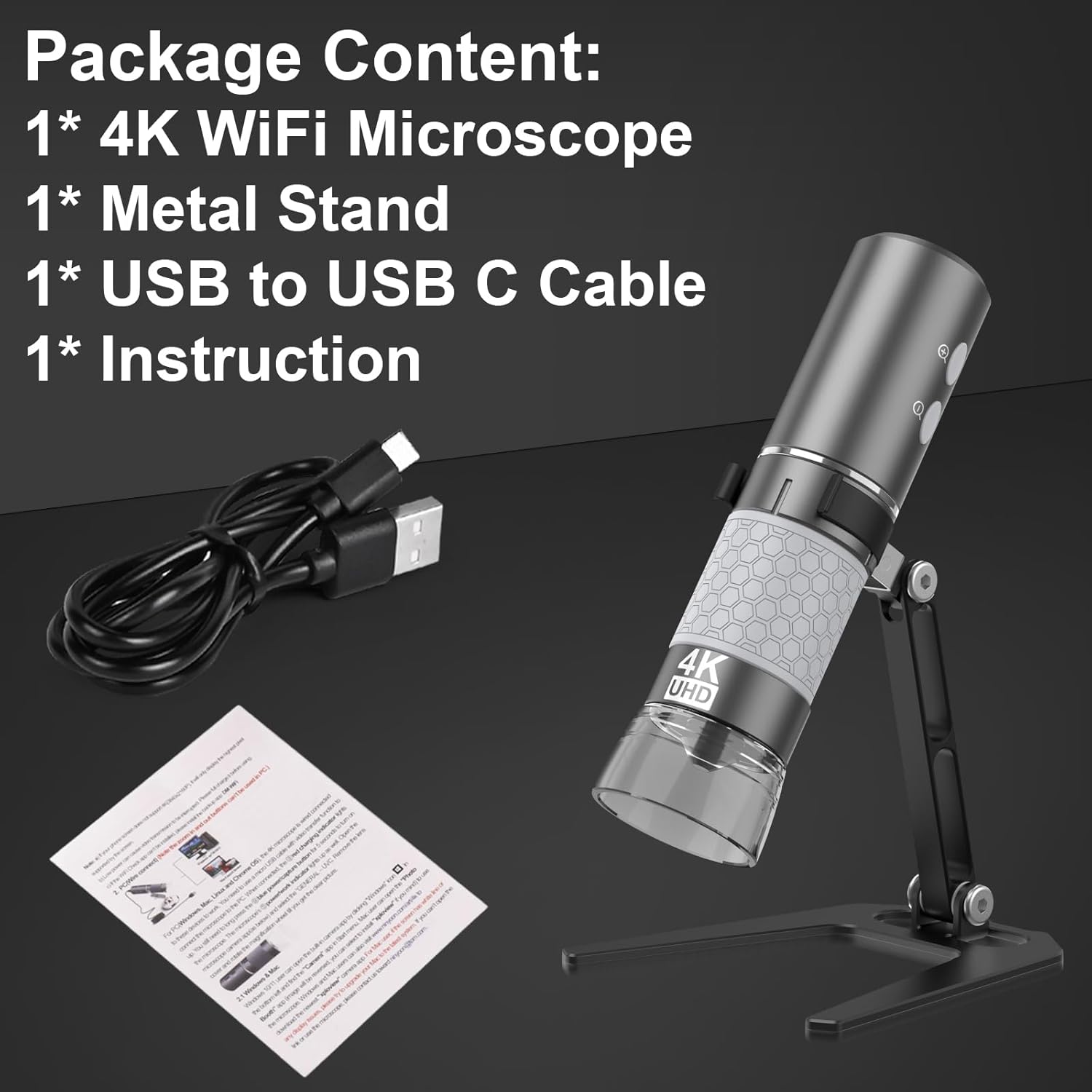 Ninyoon 4K WiFi Microscope, Upgraded Stand for iPhone Android PC, 50-1000X USB Digital Microscope, HD Endoscope Camera, Compatible with All Devices, Wide Angle, Long Focal Length, Reliable Service