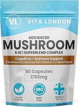 Lions Mane Mushroom 6 in 1 Complex | Lion's Mane Supplement + Chaga, Reishi, Cordyceps, Shitake, Maitake Mushrooms & Vitamin C | 60 Capsules (Not Tablet, Powder or Gummies) | UK Made Vegan