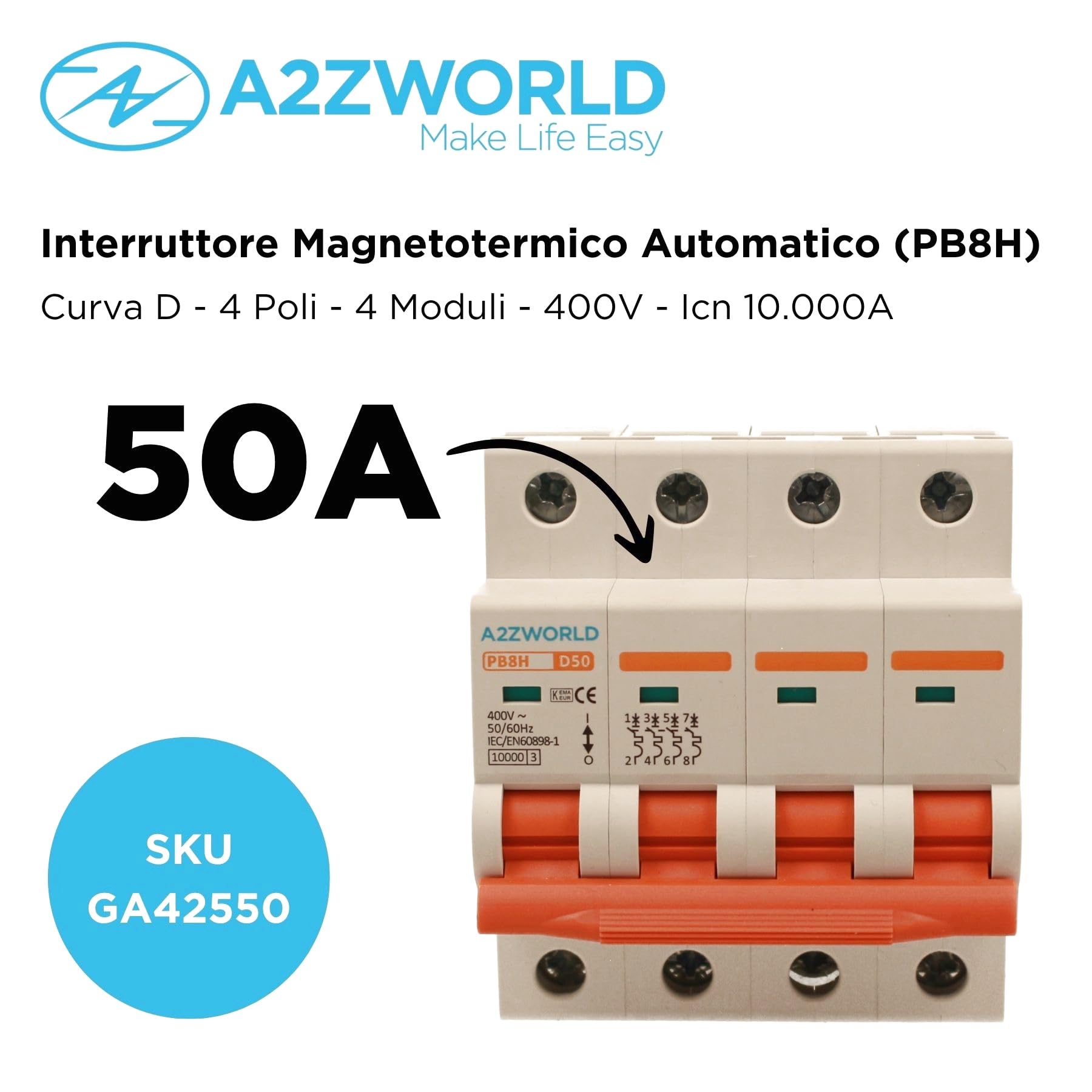 2 Pezzi Interruttore Magnetotermico Trifase 4P 50A D50, Curva D 10kA, 4 Moduli DIN 380V AC, Certificato IEC60898-1, Serie PB8H Professionale