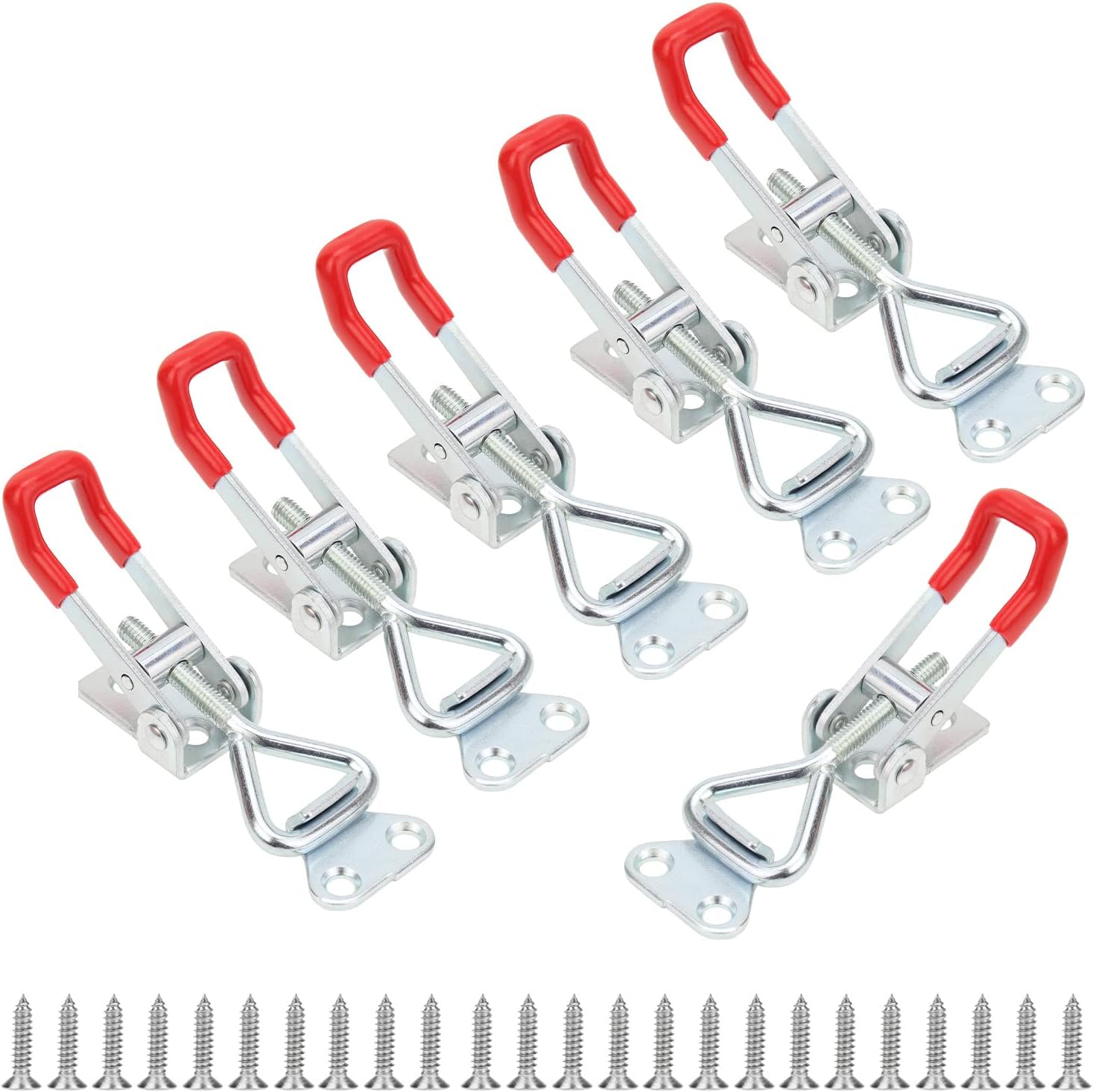 6 Pack Toggle Latch Clamp, Pull Latch, Adjustable Toggle Clamp Latch, Heavy Duty Toggle Latch, 150Kg 330Lbs Holding Capacity (25 Pieces Screws) Red + Silver