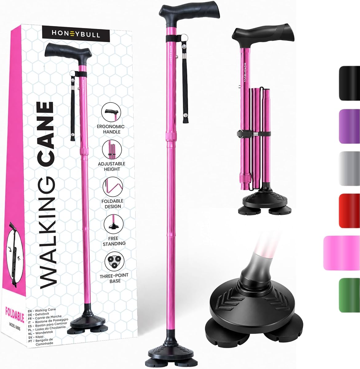 HONEYBULL Bastón para caminar para hombres y mujeres, bastón plegable independiente | Altura ajustable, diseño plegable, resistente, base pivotante para soporte estable, mango ergonómico