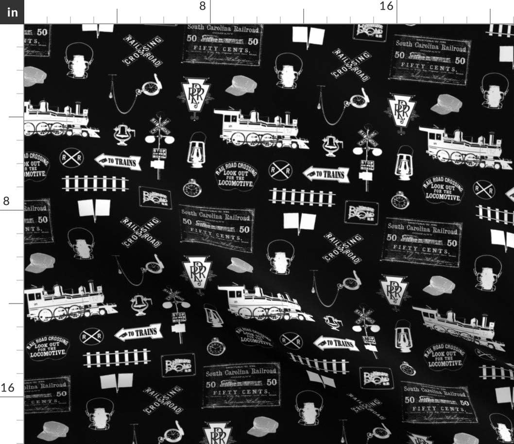 Spoonflower Fabric - Railroad Black Small Trains Train Steam Printed on Cotton Poplin Fabric by The Yard - Sewing Shirting Quilting Dresses Apparel Crafts