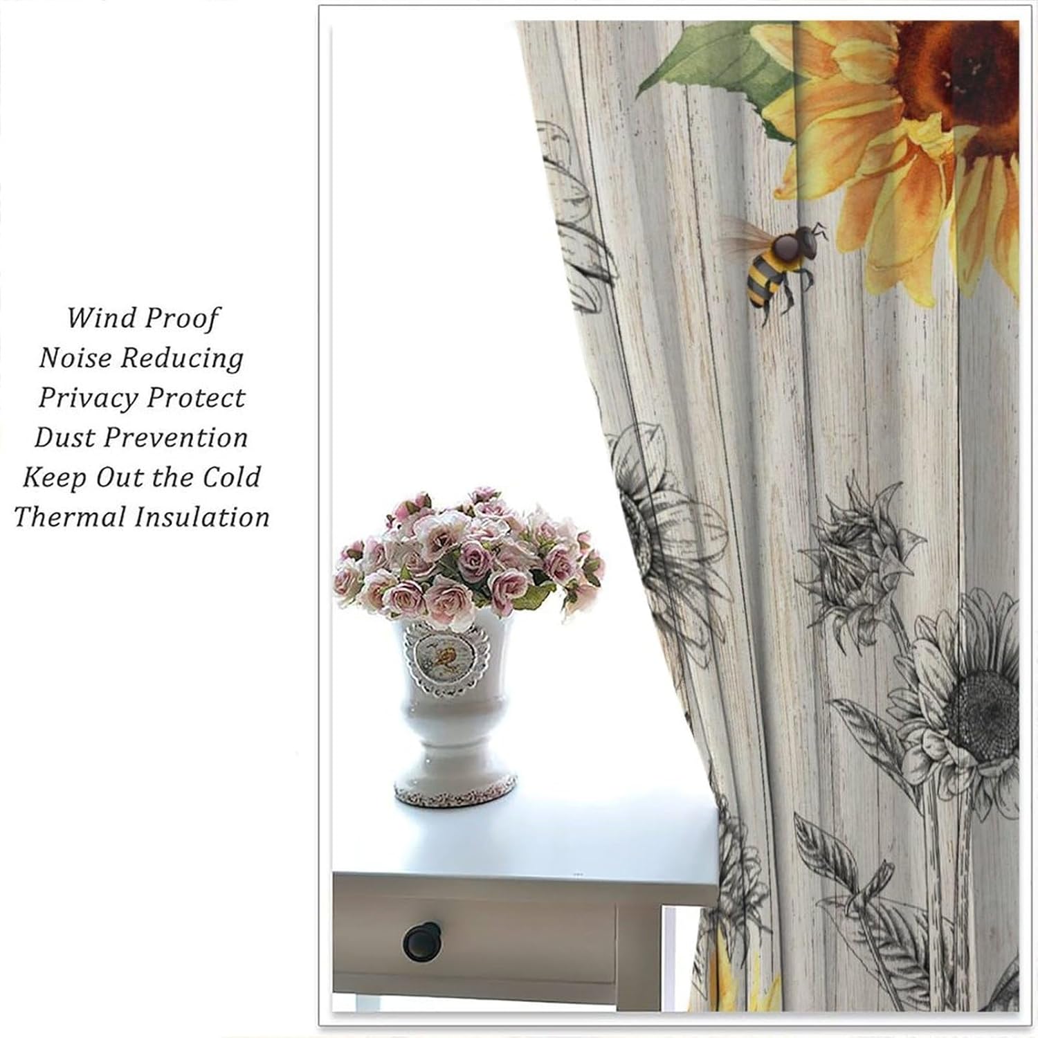 Sunflower Curtains Country Farmhouse Vintage Floral Bees Wooden Board Art Printed Blackout Window Drapes for Bedroom Kitchen Decor Fabric Set 2 Panel 42x45 Inch 80% Shading Rate