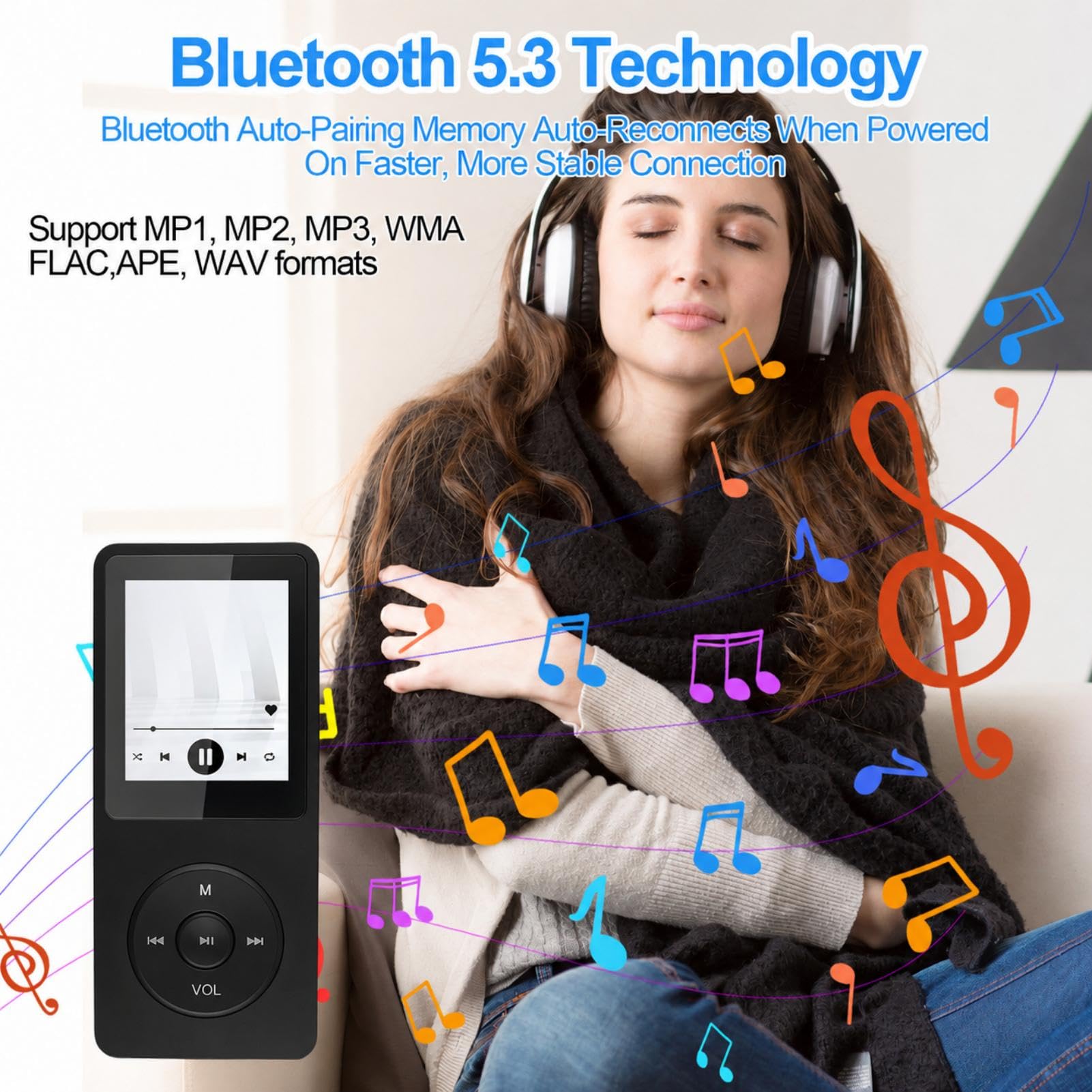 Reproductor MP3 64GB Bluetooth 5.3, MP3 Player Bluetooth con Radio FM y Altavoz, HiFi Música sin Pérdidas, Grabadora de Voz, Ebook, Soporte MicroSD 128GB, Wired Earphones and OTG Adapte
