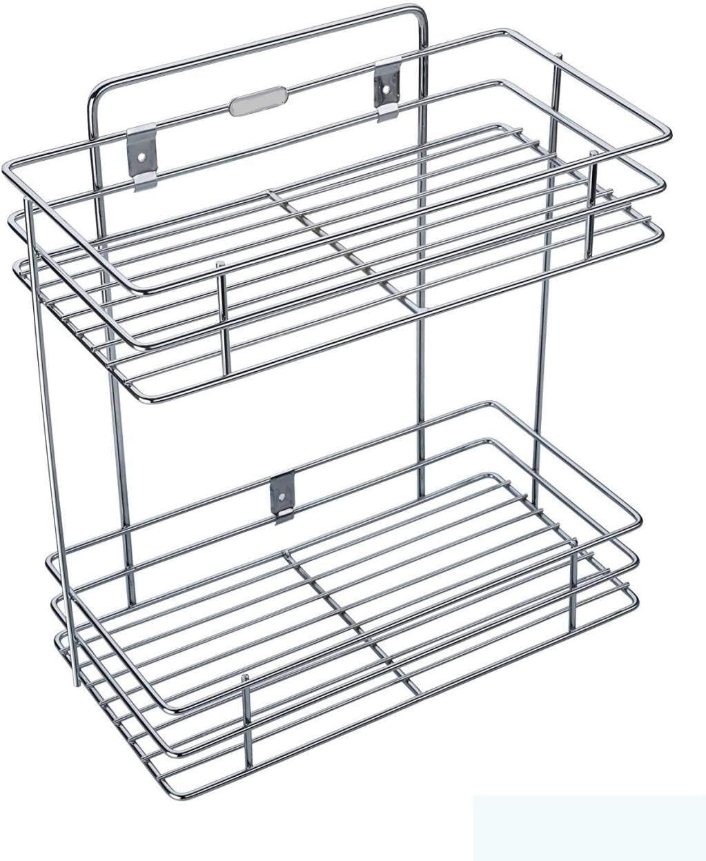 Wall Mount 2 Layer Stainless Steel Kitchen Rack | Spice Rack & Shelf Organizer for Storage | Rust-Free Tiered Shelf Stand for Fruits, Vegetables, Jars, Utensils | Rust-Proof, Heavy Duty | Silver
