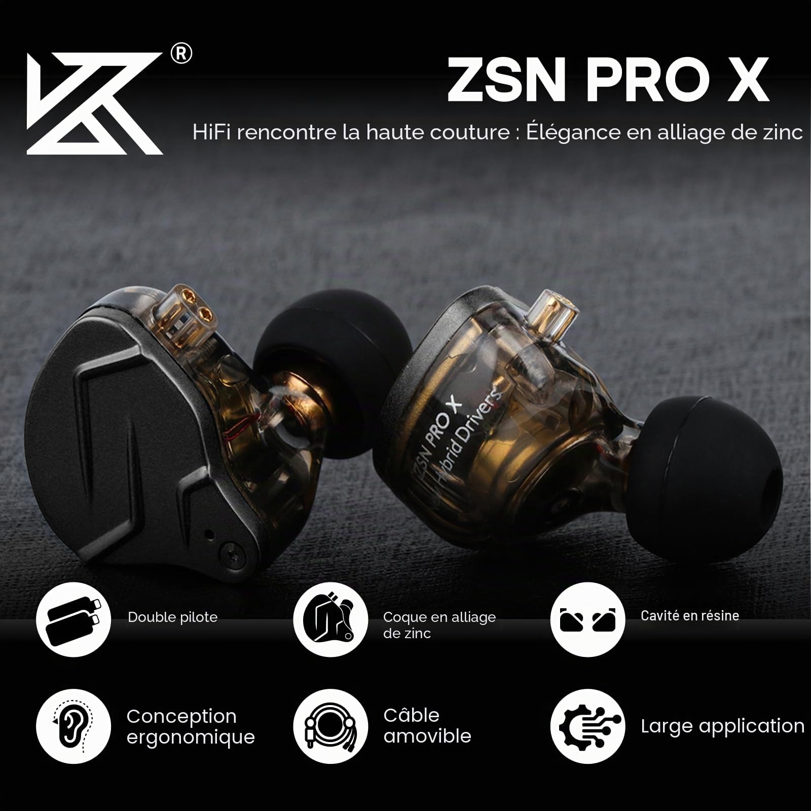 Linsoul KZ ZSN Pro X Écouteurs Hybrides en Métal avec Double Pilote 1BA+1DD HiFi Intra-Auriculaires avec Câble Détachable Encastré 2Pin(Gris, avec Micro)