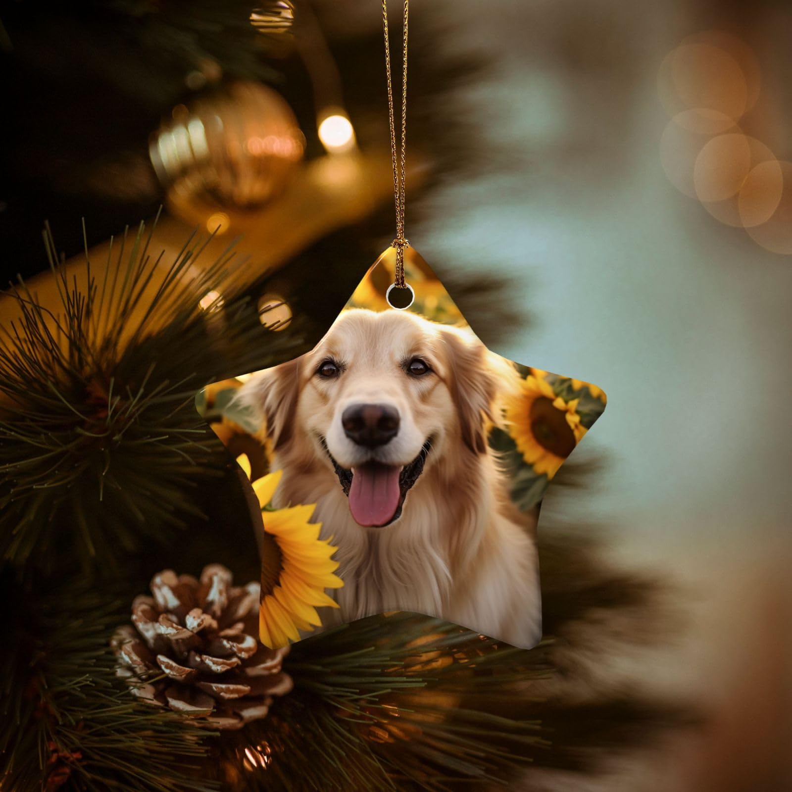 Christmas Ornaments for Christmas Tree Decoration Hanging Dog and Sunflower Ornament with Gold Ribbon Crafts Star Shape Ceramic Pendant for Keepsake Gifts Xmas Decor Party Supplies
