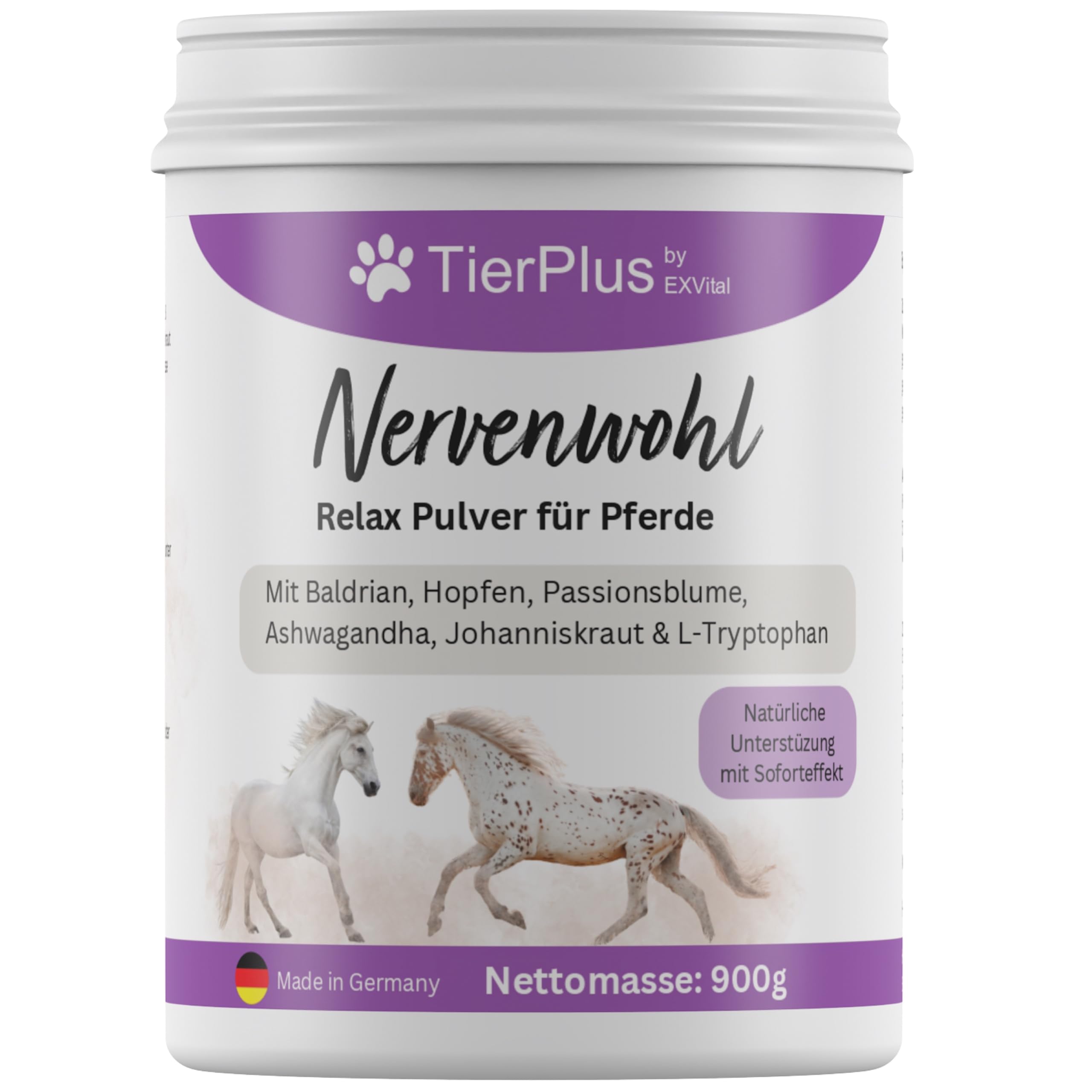 Nervenwohl Relax Pulver für Pferde, mit Mit Baldrian, Hopfen, Leinöl, Passionsblume, Ashwagandha, Johanniskraut & L-Tryptophan, 900g Dose, hochdosiert & mit Soforteffekt!