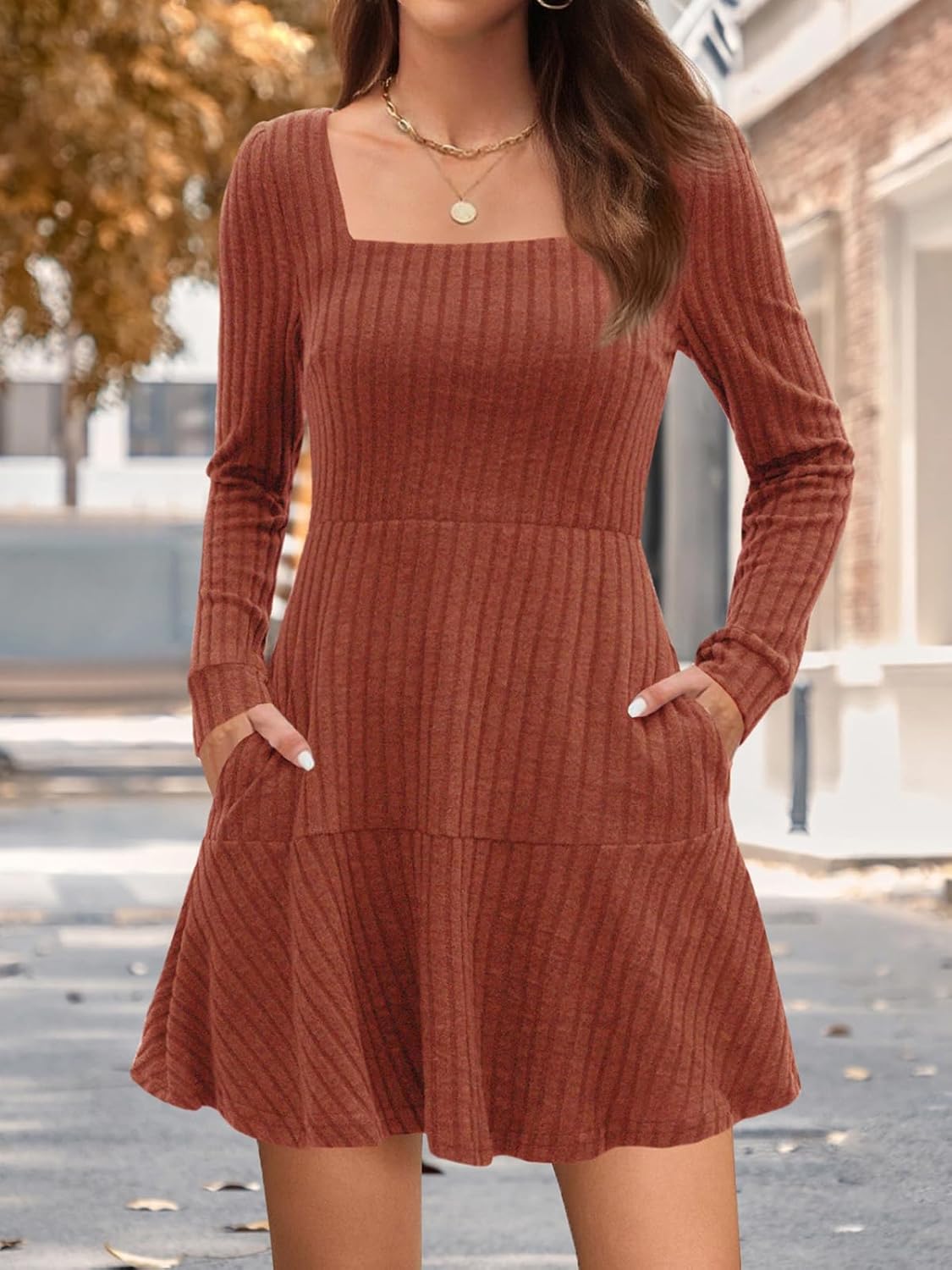 Women's Long Sleeve Sweater Dresses Fall Square Neck Ribbed Knit Short Dress Casual Babydoll A-Line Mini Dress - Image 2