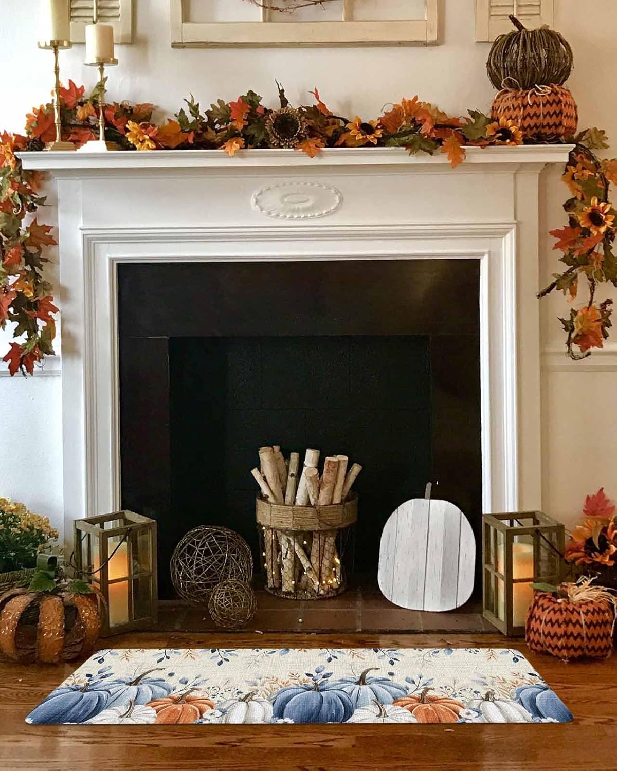 Fall Kitchen Rugs Set of 2 Blue Pumpkin Kitchen Rug and Mats Set Non Slip Floor Mats for Sink Laundry Retro Eucalyptus Leaves Floral Thanksgiving Decorative Doormat Absorbent Runner Rug 16"x47"