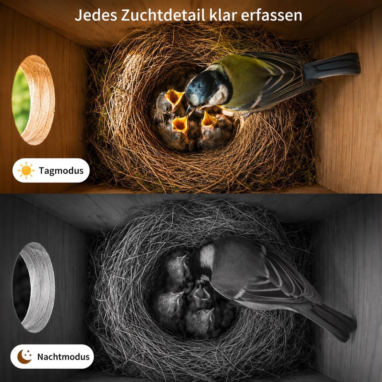 Vogelhaus mit Kamera, 5MP HD Nistkasten für draußen, 2,4G WiFi & App Benachrichtigung, Beobachtung von Nestbau und Brut, Automatische Aufnahme von Vogelvideos & Bewegungserkennung, Solarbetrieb