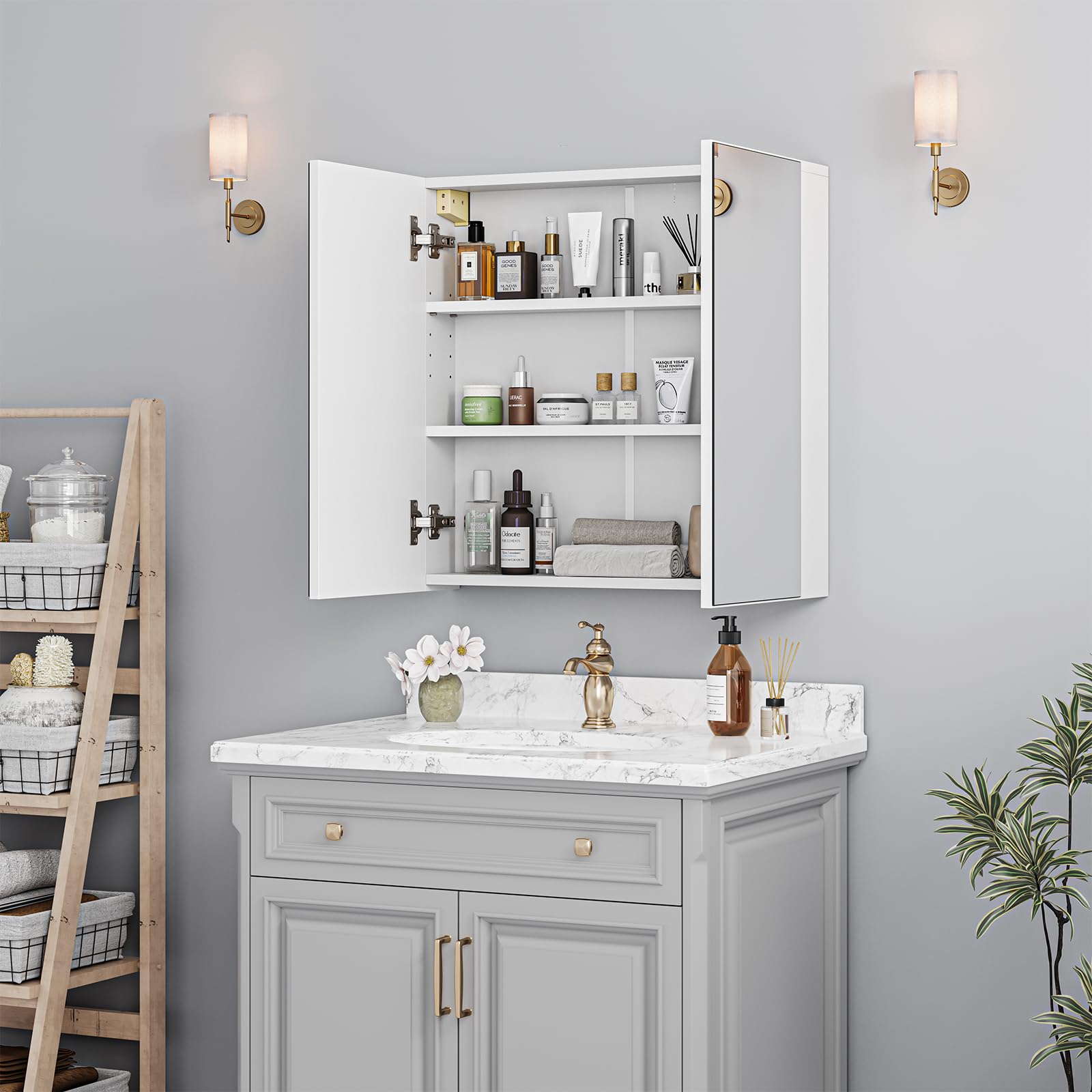Dripex Armadietto Bagno con 2 Ante a Specchio 60 x 12 x 60 cm, Mobile Pensile da Parete con Ripiano Regolabile e Ripiano Aperto, Mobile Contenitore Salvaspazio, Bianco