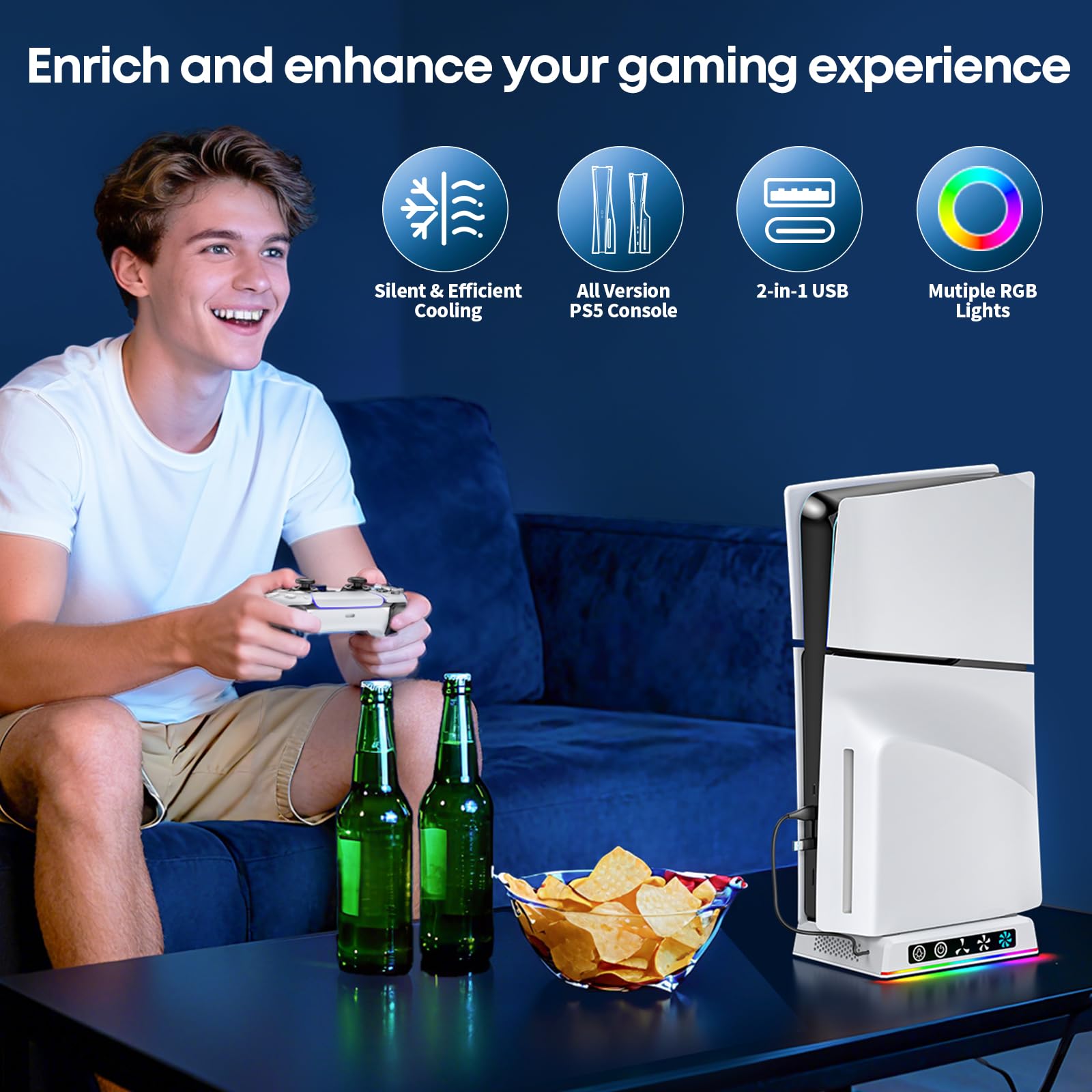 Support de Refroidissement PS5 avec Lumière Ambiente, Ventilateur à Vitesse Réglable 3 Niveaux Compatible avec PS5 Original/ PS5 Slim/ PS5 Pro (Disc & Digital), Câble USB-C/USB-A Inclus