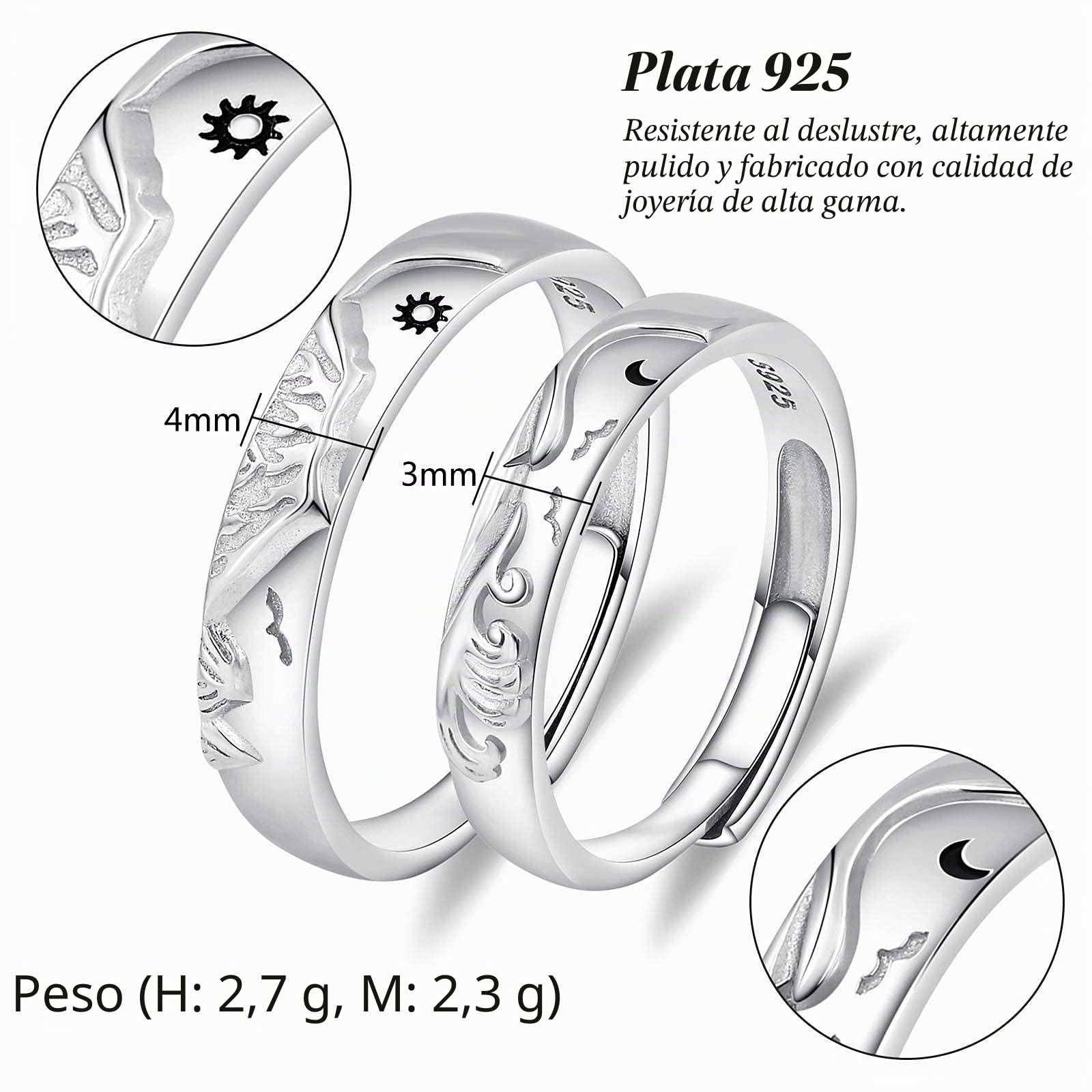 Anillos Compromiso Pareja, Joya Plata 925, Anillo Ajustable Simple Anillo Pareja Sol y Luna de Montaña y Mar, Alianzas Boda Regalo Aniversario Pareja