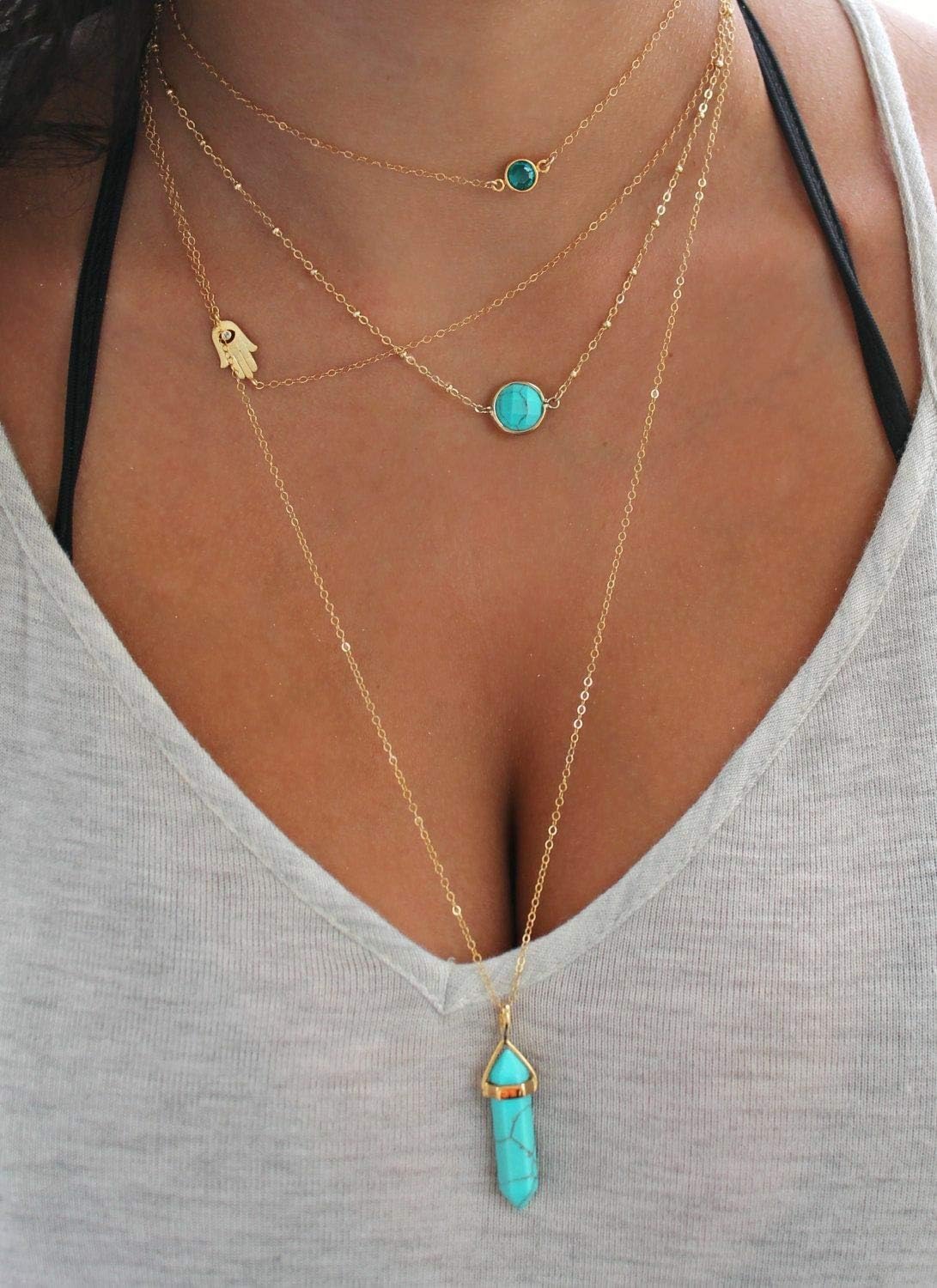 CLCkecharfa Boho Turquoise Necklaces Gold Crystal Adjustable Necklace Chain Jewelry for Women