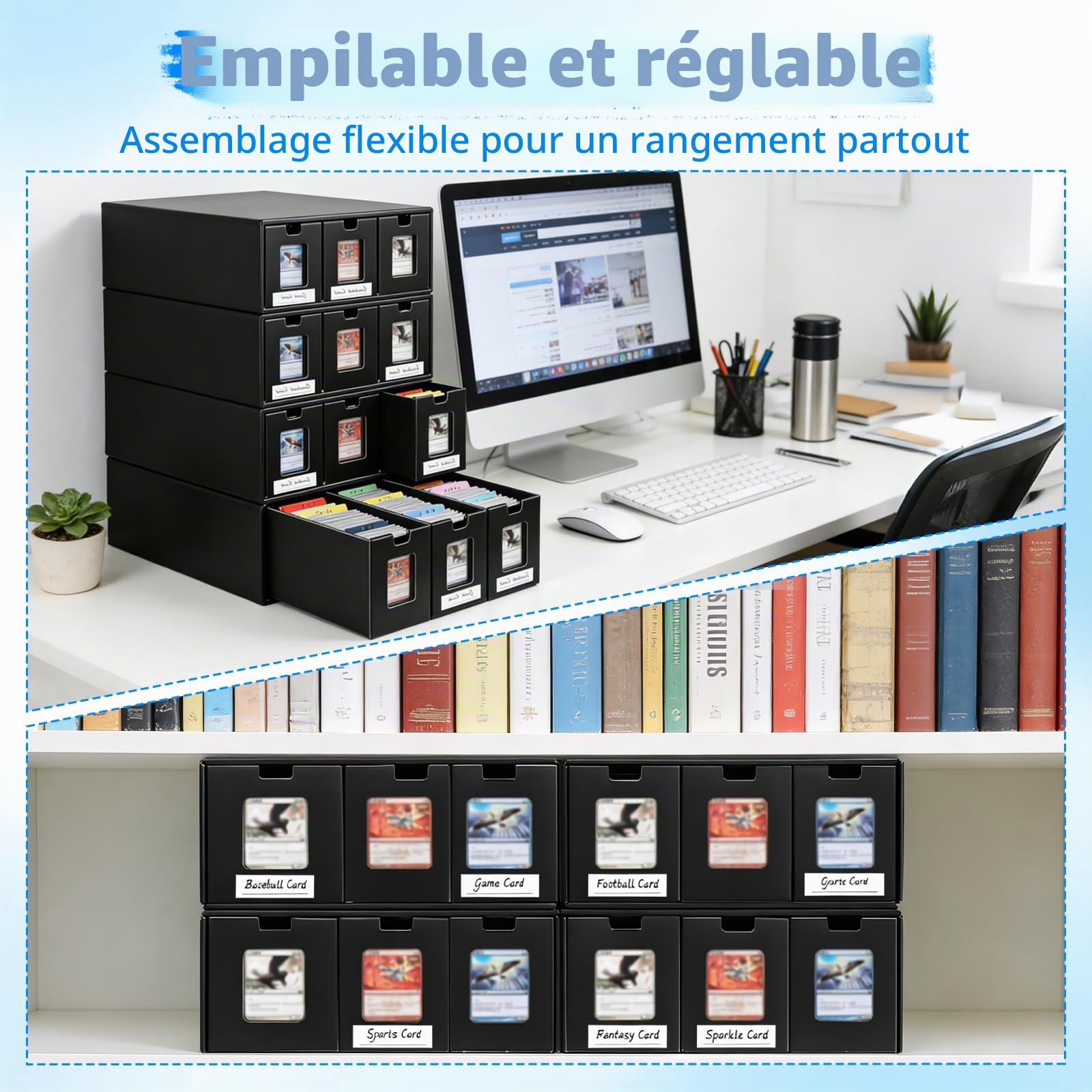 Boîte de rangement pour cartes à collectionner à 4 niveaux, boîte de rangement en carton à 12 tiroirs avec 48 intercalaires colorés et étiquettes autocollantes, organiseur de cartes à collectionner