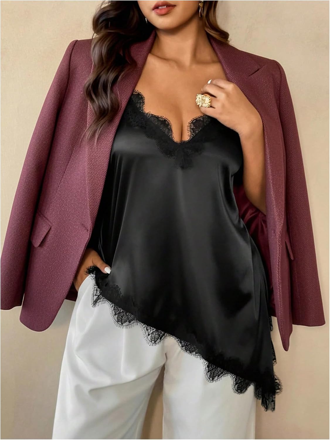 OYOANGLE Women's Plus Size Satin Camisole Tops Lace Trim V Neck Sleeveless Asymmetrical Silky Tops