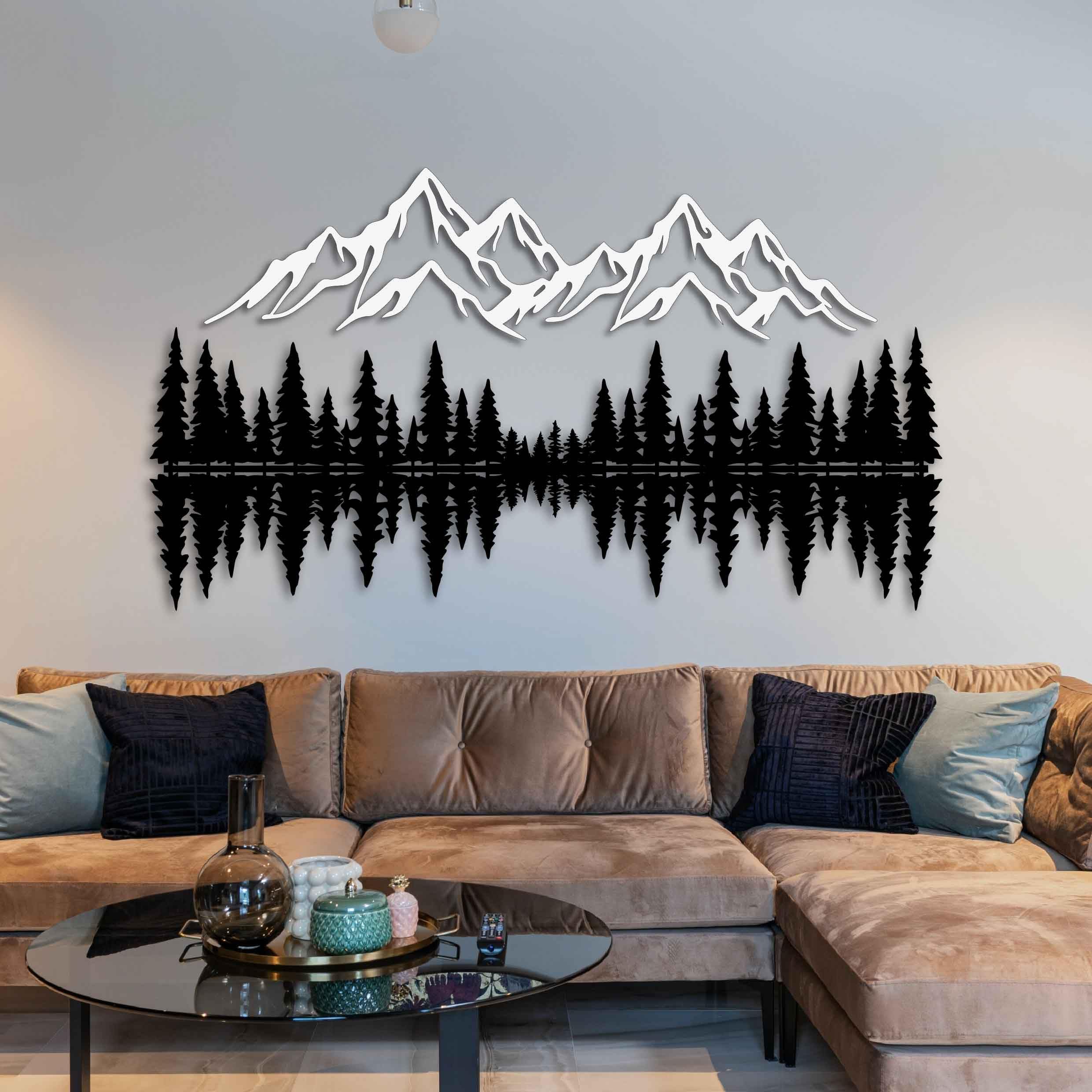 Decoración de pared de metal de montaña y bosque, escultura de pared de metal grande para sala de estar, arte de pared de paisaje, decoración de pared de pino, escena rústica de montaña, colgante de
