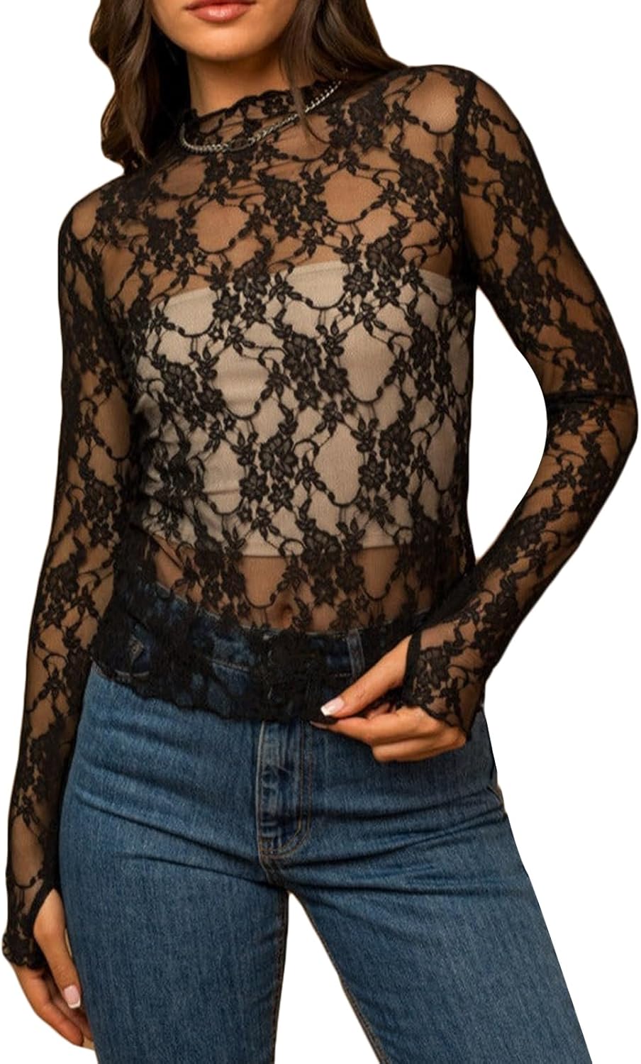 Sheer Mesh Long Sleeve Layering Top for Women Mock Neck Floral Lace Tshirt See Through Shirt Blouse Undershirt