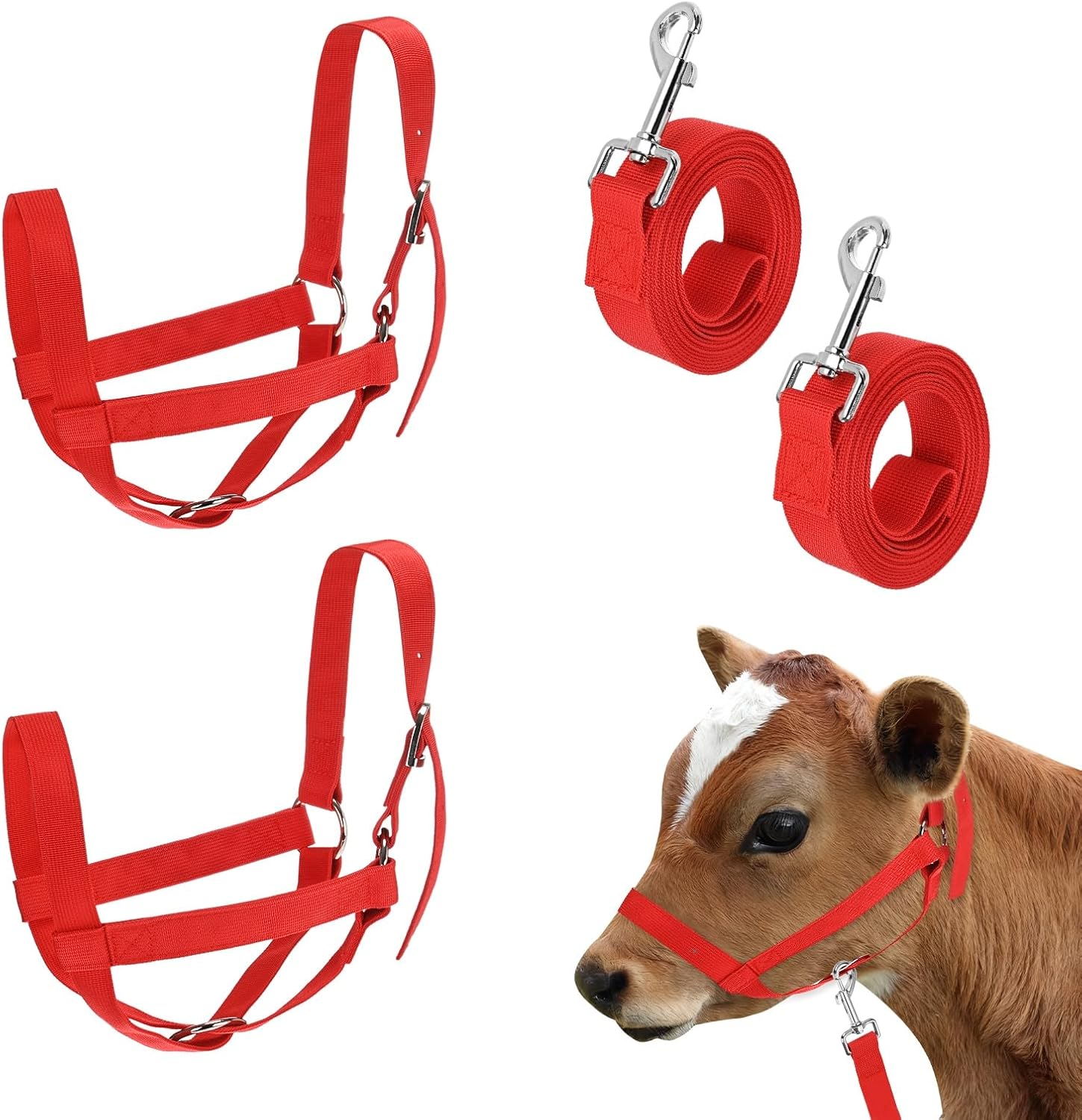 M METERXITY 2-Pack Adjustable Cattle Cow Calf Halter, 12.6"-18.9" Nylon Livestock Cow Halter with Leading Rope for Miniature Horse/Donkey/Goat/Cattle [Red]
