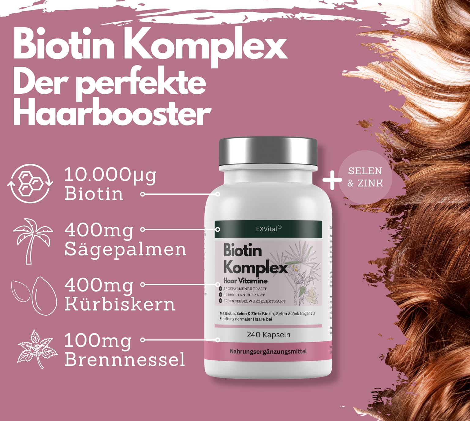 EXVital Biotin Komplex, Haar Vitamine, mit Sägepalmen-, Kürbis- und Brennnesselextrakt, 240 vegane Kapseln, angereichert mit Selen & Zink, laborgeprüft & hochdosiert (Packung mit 2)