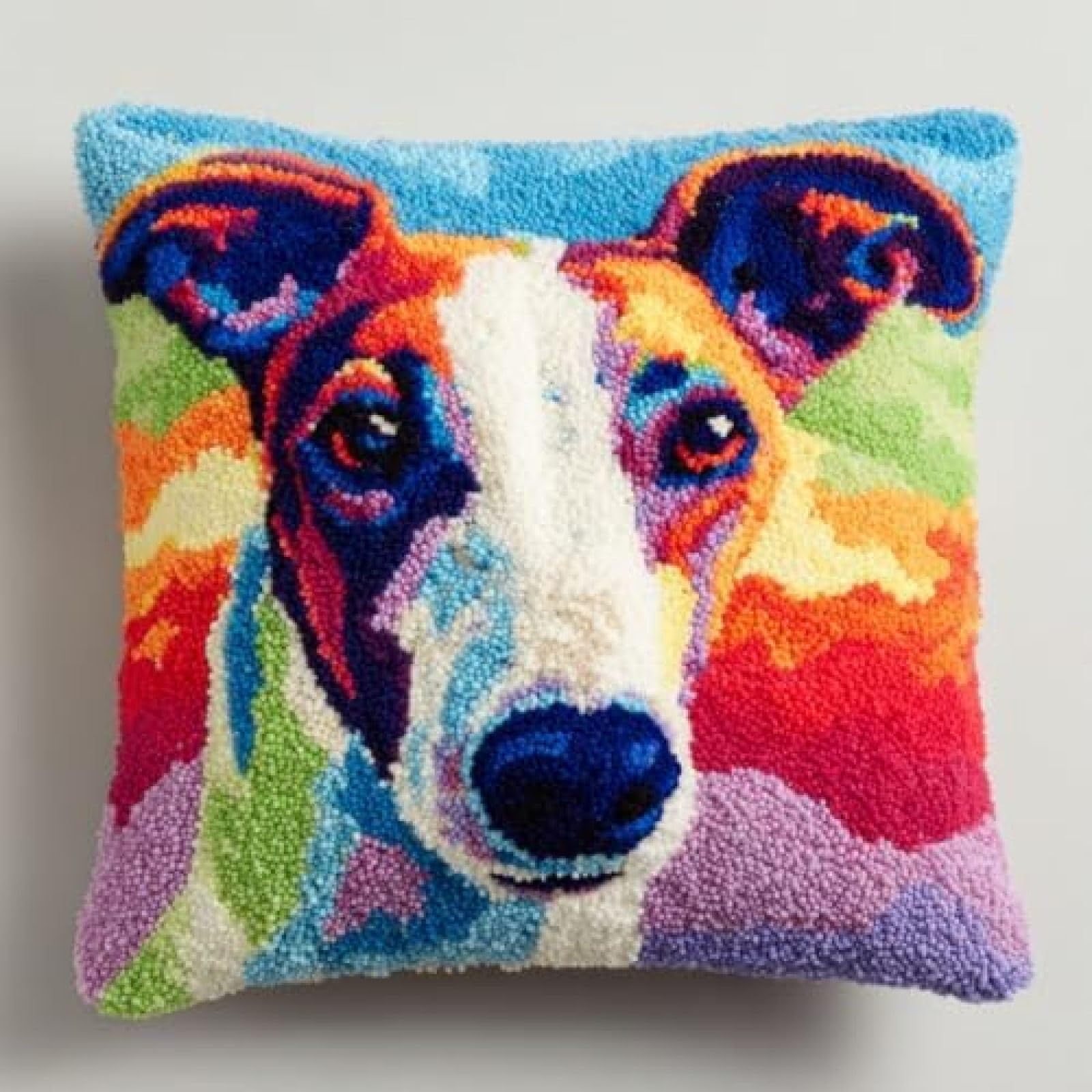 kitphoenix Latch Hook Cushion Kit Cute Greyhound Dog Face with Rainbow Background with Pre-Printed Cushion Cover DIY Pillowcase Crochet Yarn Hooking Craft Set for Hobby and Home Decor 43x43cm-2