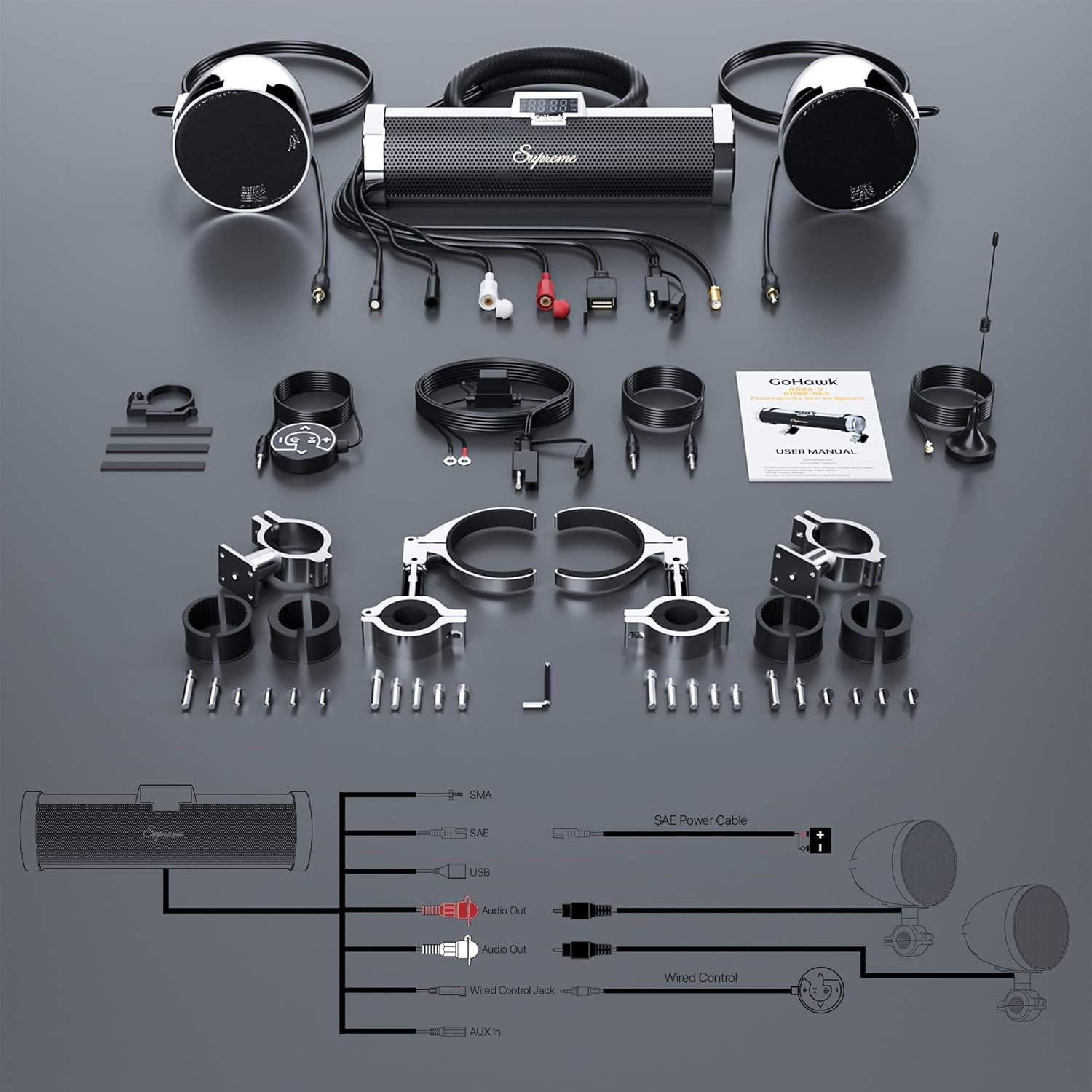 GoHawk Motorcycle Bluetooth Speakers | 8-Speaker Waterproof Stereo System w/ 4.25" External Speakers | Built-in Amplifier Aluminum Sound bar, FM Radio, USB, LED | Great for Harley, ATV, Chrome