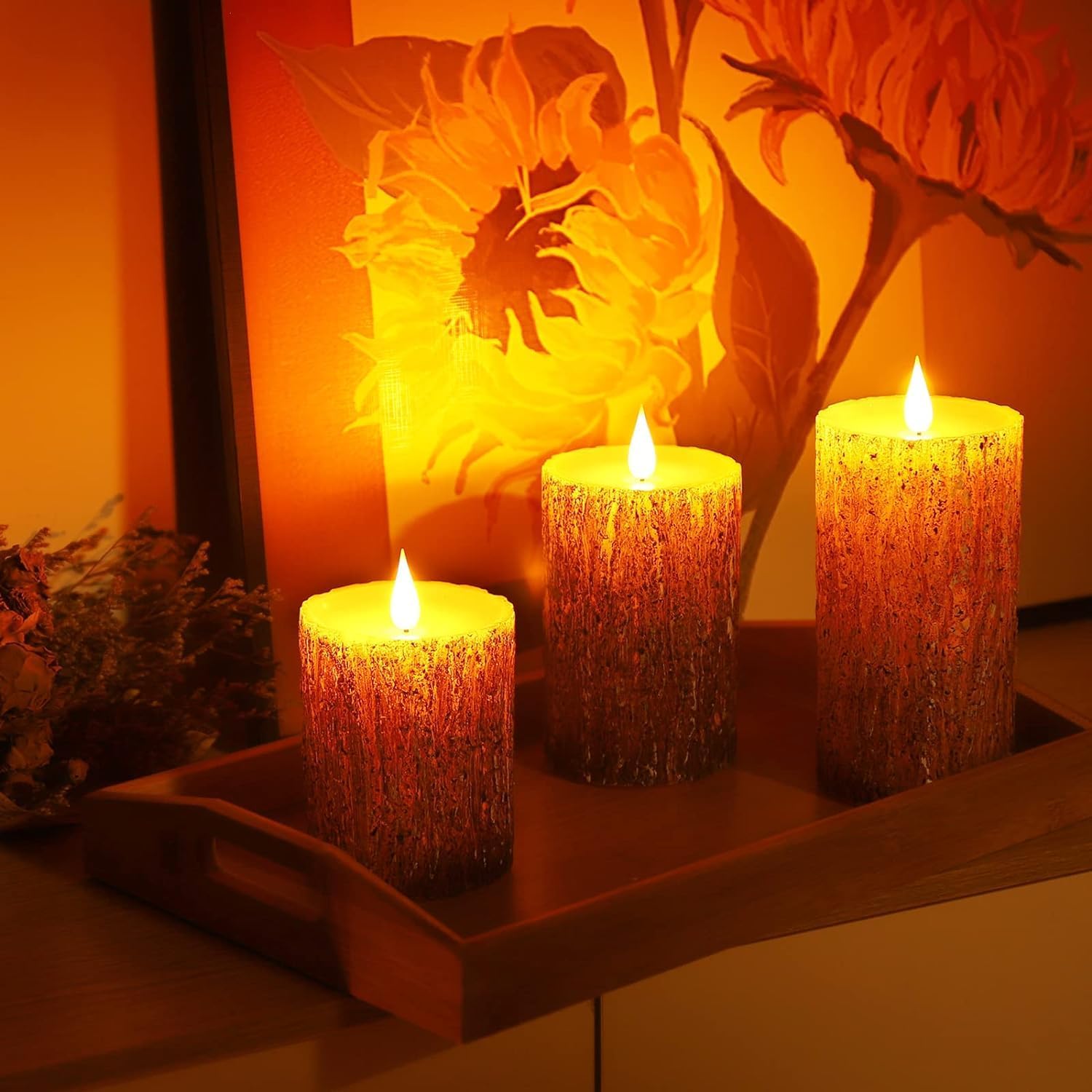 AKU TONPA Pine Bark Effect Flameless Candles Battery Operated Pillar Real Wax Flickering Electric LED Candle Sets with Remote Control Cycling 24 Hours Timer, 3" x 4" 5" 6" Pack of 3