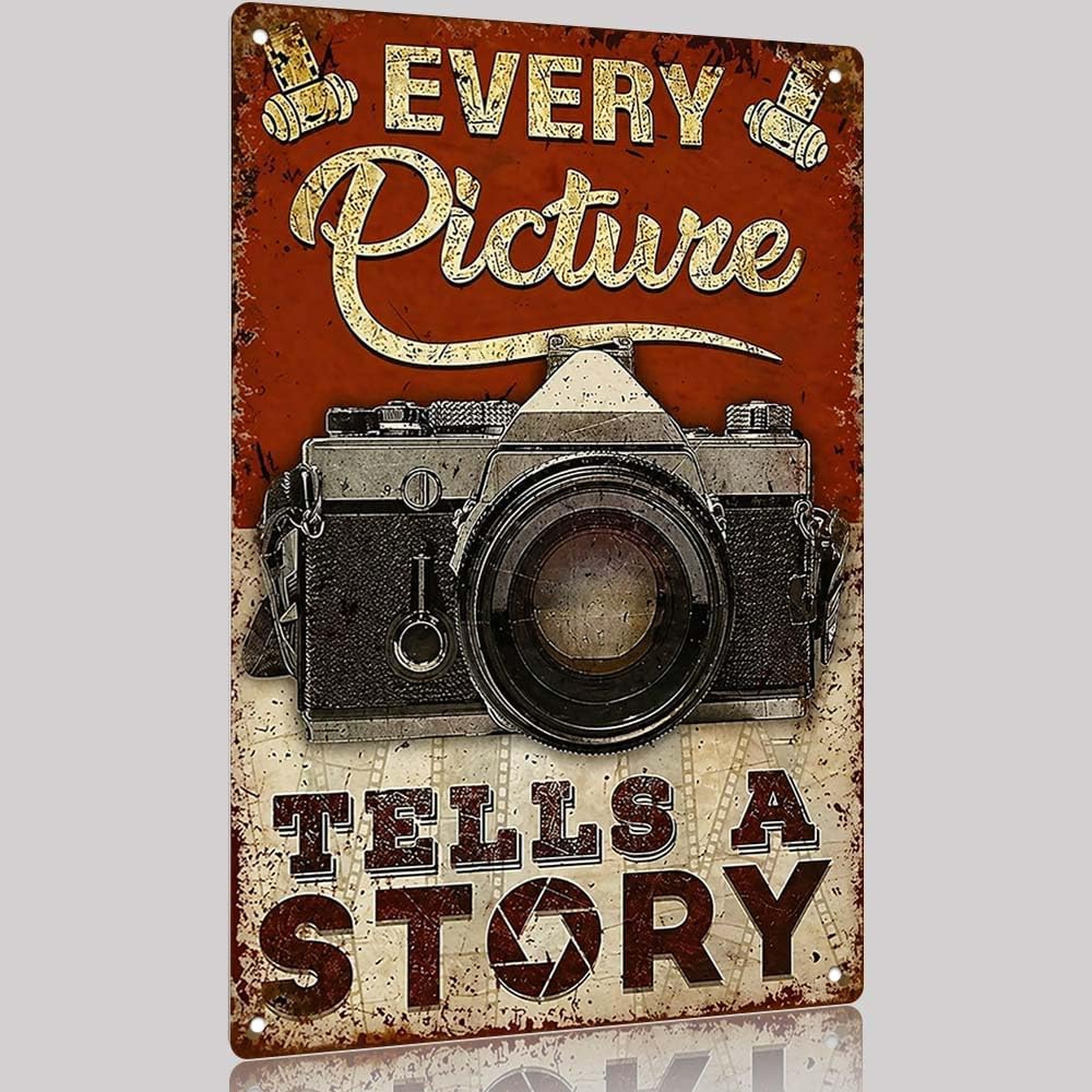 Vintage Aluminum Metal Sign 8X12in Retro Camera Every Picture Tells A Story Wall Decor for Photography Lovers Home Studio Wall Art