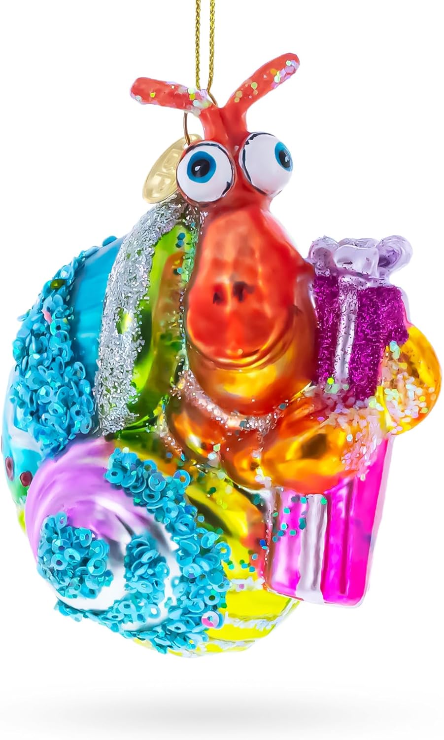Cheerful Shrimp with Gifts Blown Glass Christmas Ornament