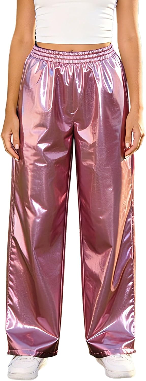 Womens Shiny Metallic Pants Hip Hop Dance Pants Club Wear Holographic Sweatpant Carnival Costume