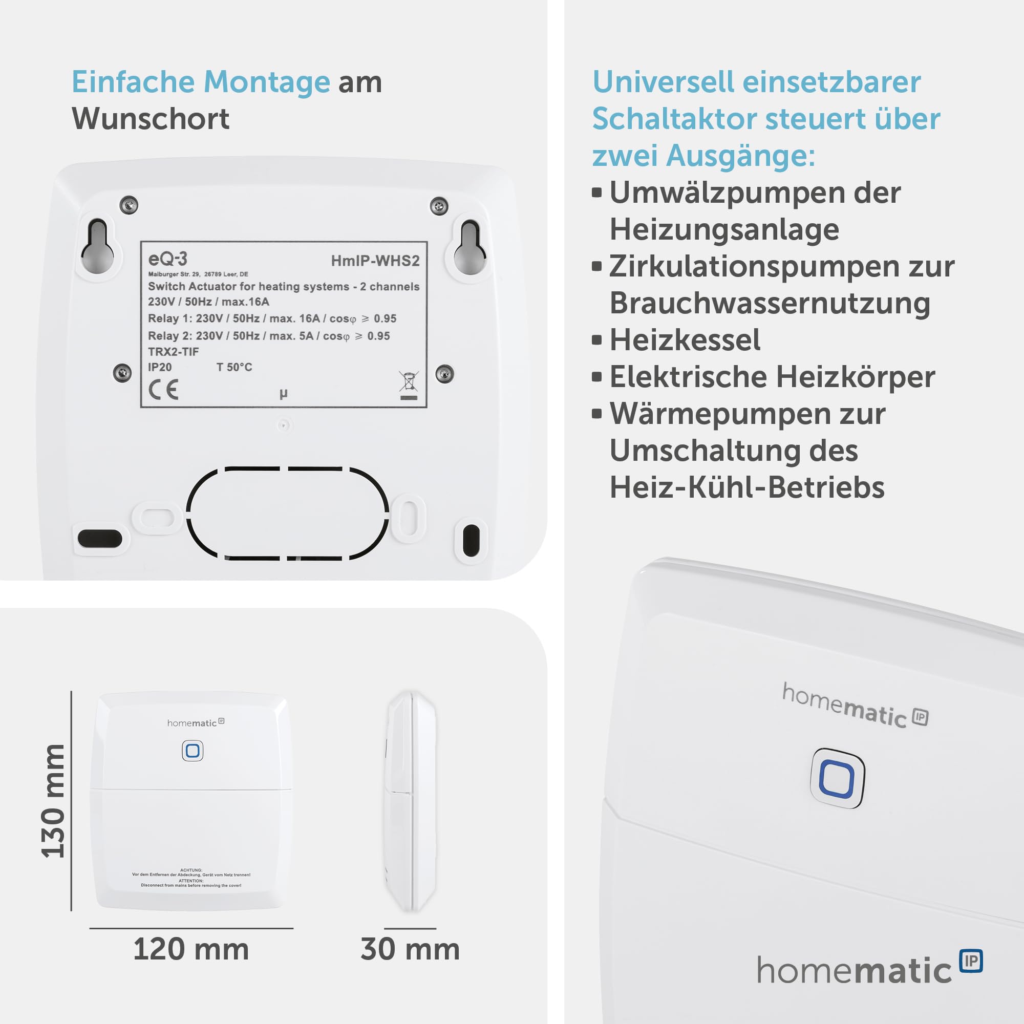 Homematic IP Schaltaktor für Heizungsanlagen – 2-Fach, 3680 W, 230 V, 150842A0