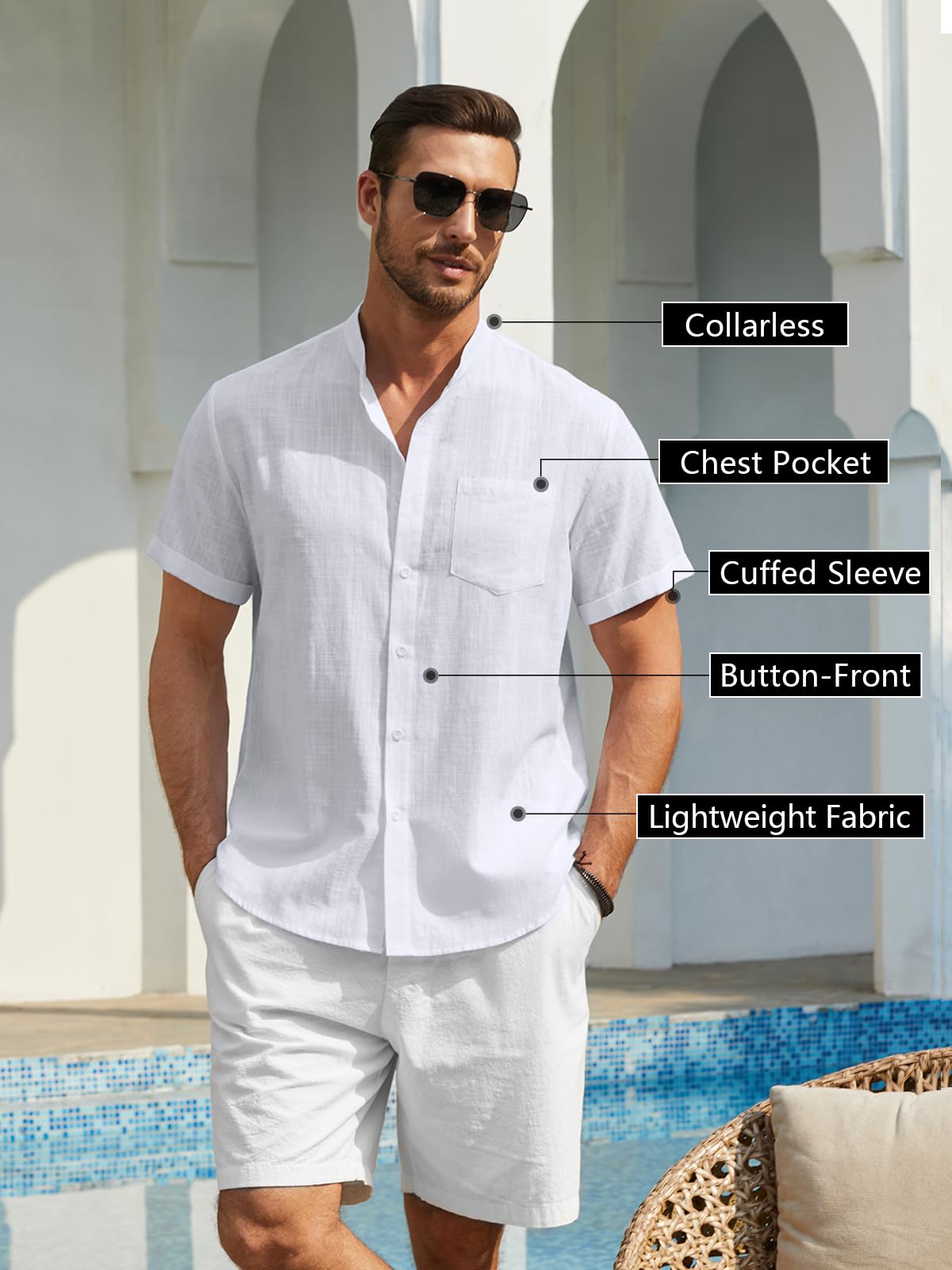 Enlision Camisa de Lino Manga Corta para Hombre Sin Cuello Verano Henley Color Sólido con Botones Bolsillo S-4XL