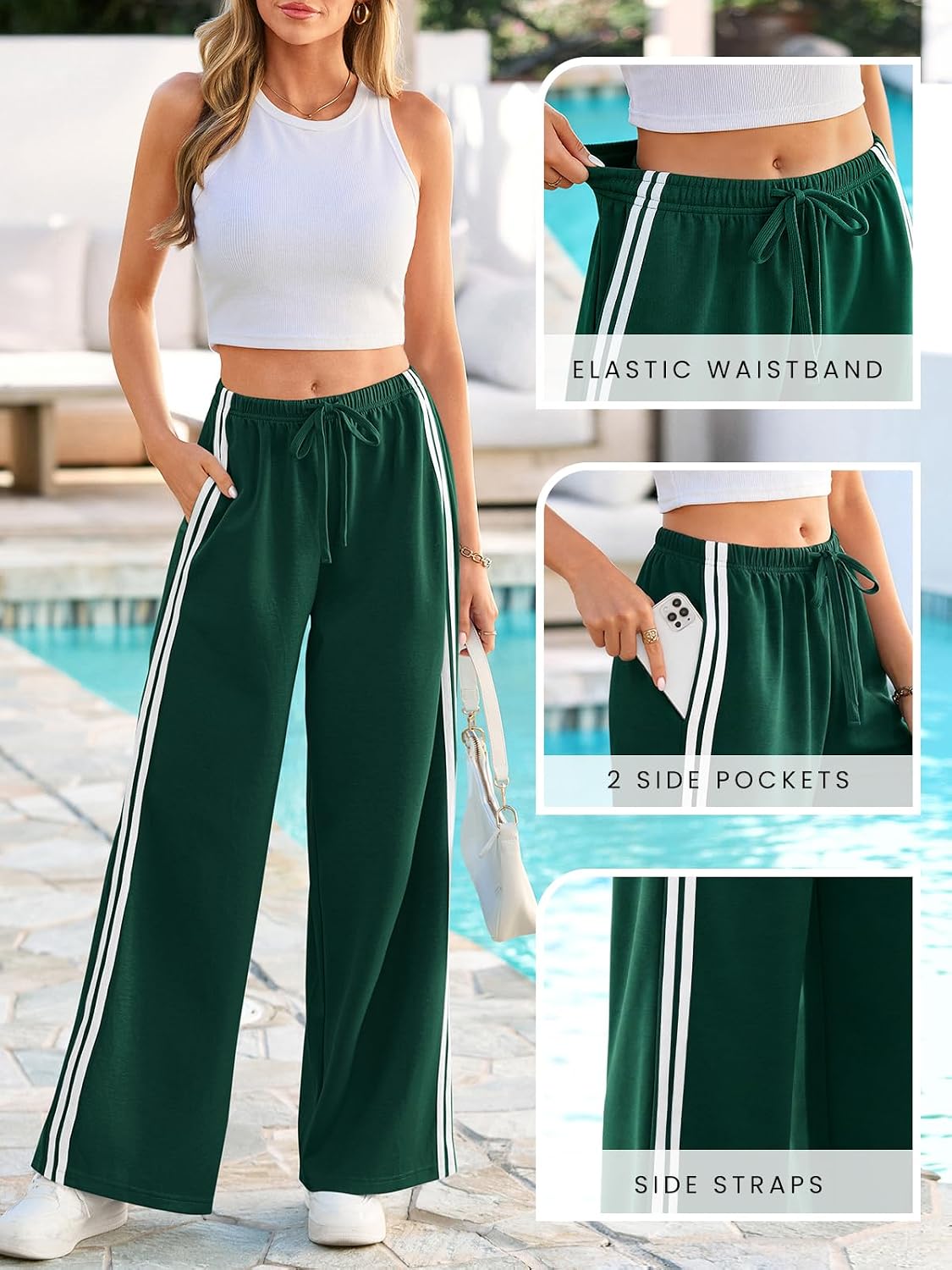 PRETTYGARDEN Womens Wide Leg Sweatpants Striped Drawstring Waist Casual Athletic Track Sports Pants Trousers Workout Clothes
