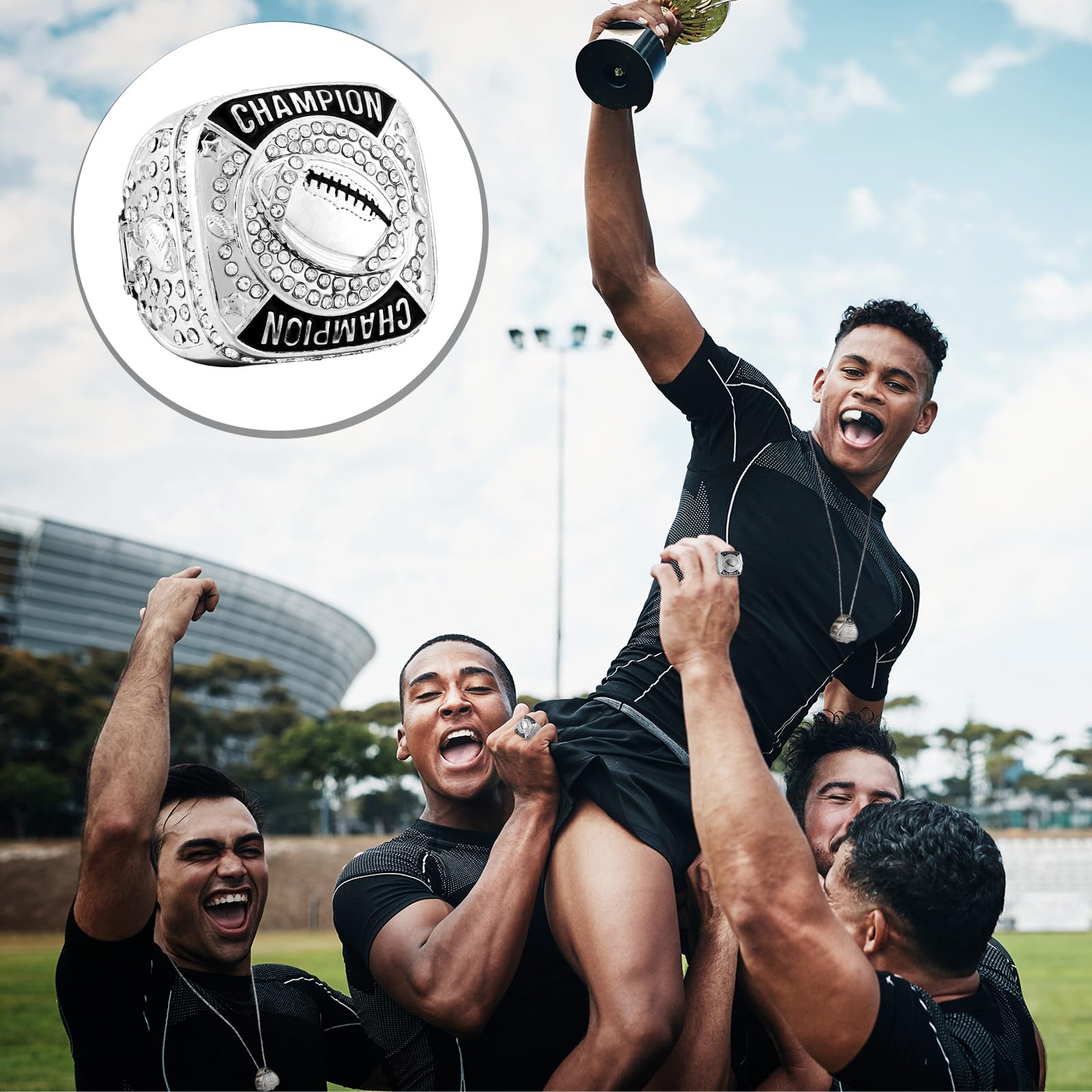 Landical 12 Stück Ringe Championship Trophäe Ringe Sport Ball Spiele Award Geschenk mit Display Hals Kette und Ständer für Turnier oder Liga Champion Gewinner