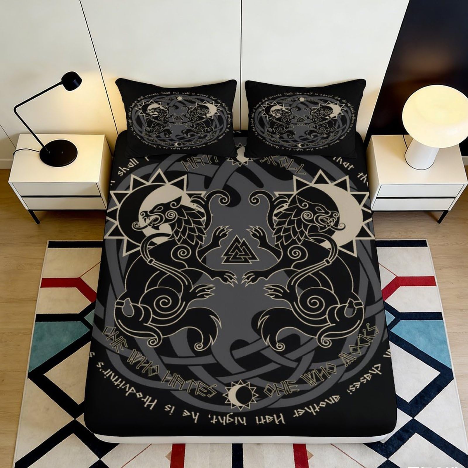 3D Printed Celtic Sun Moon Fitted Sheet Microfiber Black Mandala Bed Cover Anti-slip for Bedroom Guest Room 90x200x25cm