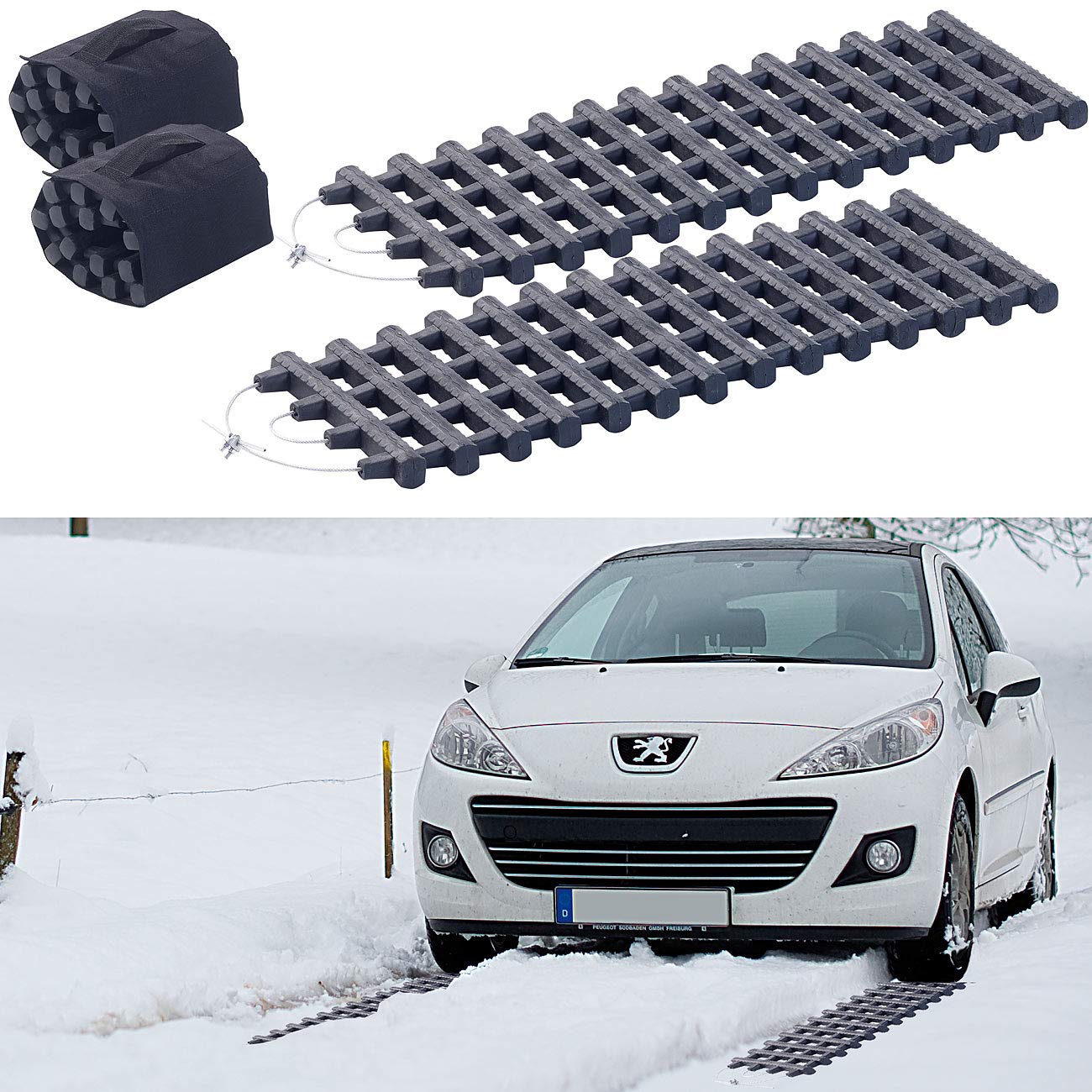 Lescars Anfahrtshilfe: 2er-Set Kfz-Anfahrhilfen mit Tragetasche, 60 x 22 cm (Pkw Anfahrhilfe Schnee, Winter Anfahrhilfe Auto, EIS)