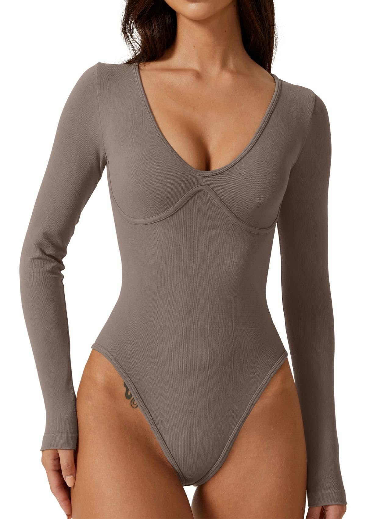 QINSENWomen's Sexy V Neck Bodysuit Long Sleeve Bodycon Stretch Plunge Shirt  Tops