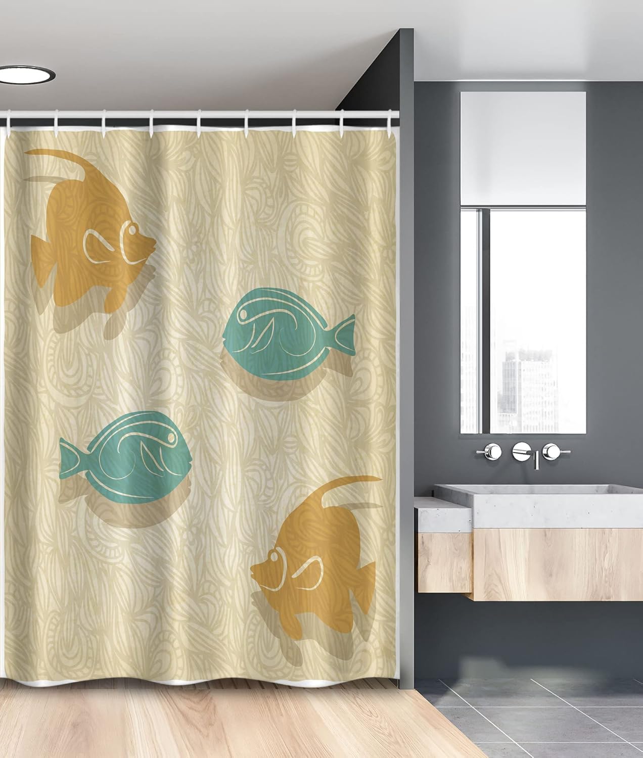 Ambesonne Fish and Wave Stall Shower Curtain, Aquarium Marine Ocean Themed Fishing Theme Vintage, Fabric Bathroom Decor Set with Hooks, 36" W x 72" L, Sand Brown Seafoam