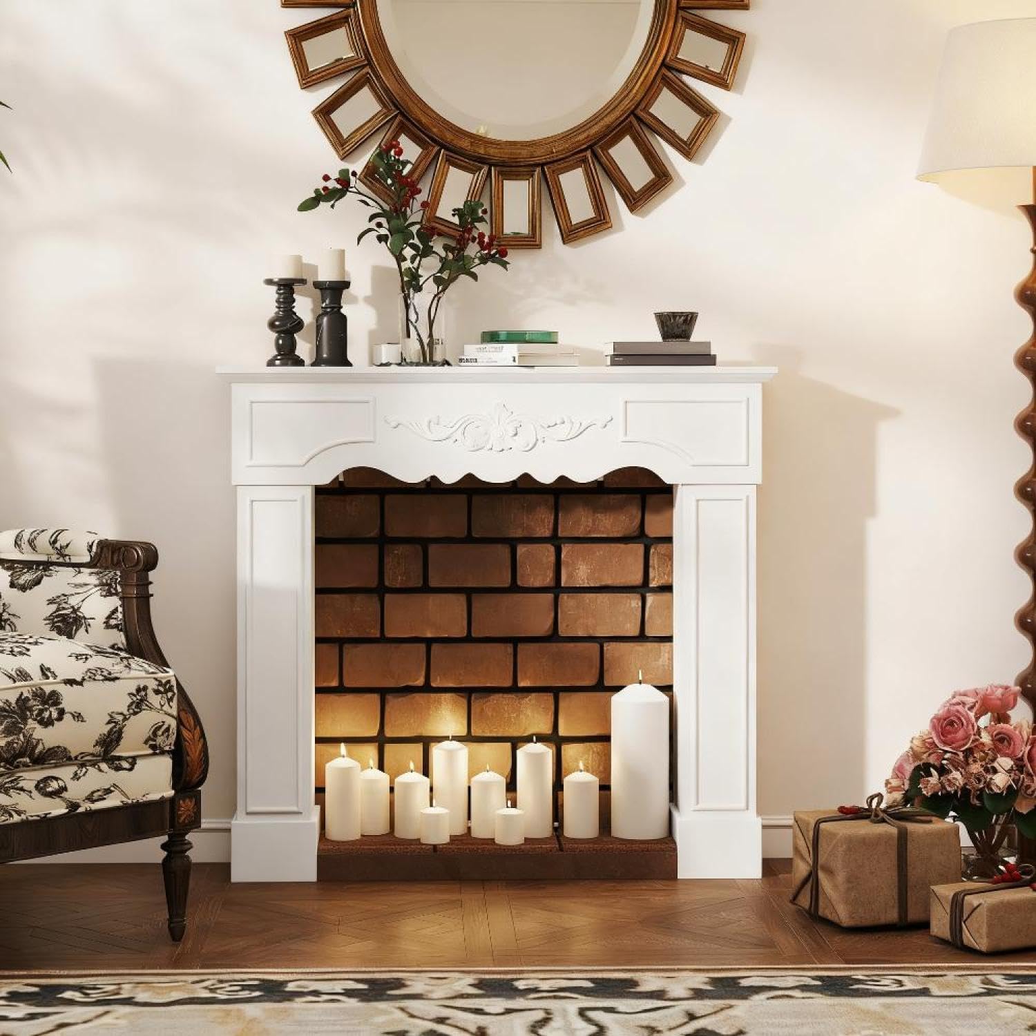 Fireplace Mantel, Freestanding Fireplace Surround with Leg for Electric Fireplaces White Baroque-Style Frame Electric Fireplace Decor Elegant Home Decor