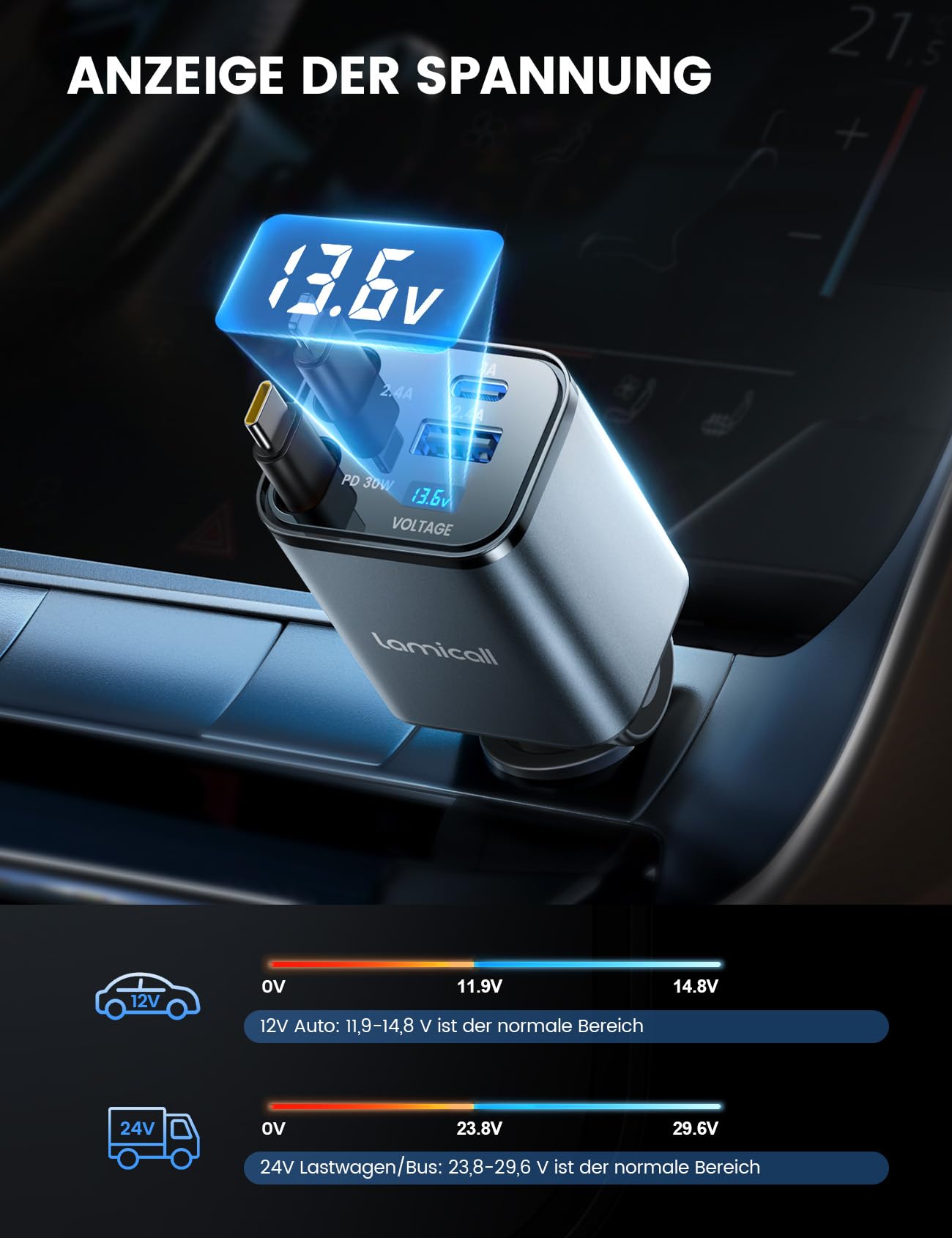 Lamicall 4 IN 1 Zigarettenanzünder USB C Auto Ladegerät - [50% Kleiner] [Spannung-Anzeige] 69W USB Adapter Auto Schnellladegerät mit einziehbarem Typ-C Kabel, 24/12V KFZ Ladegerät für iPhone/Samsung - 4