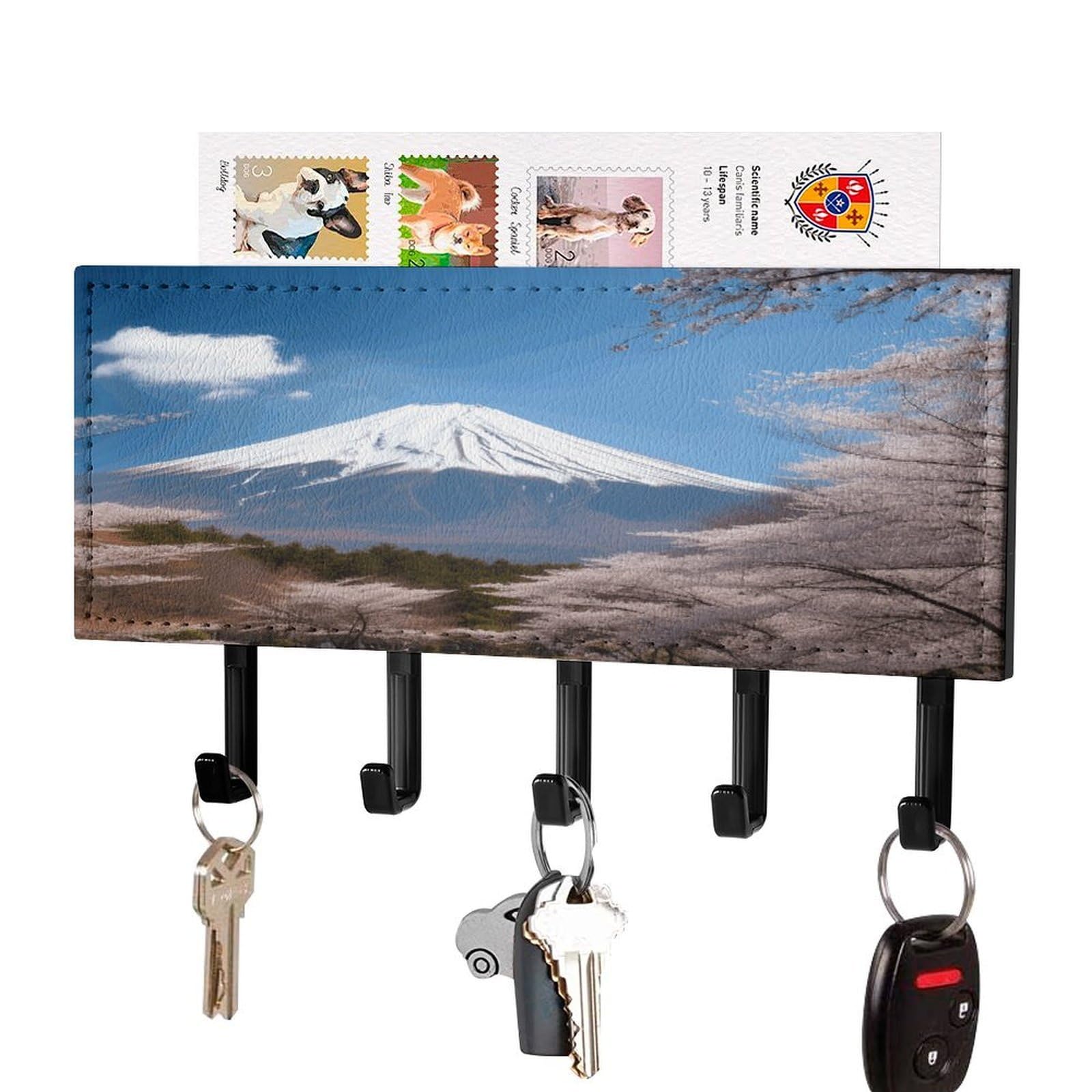Soporte para llaves de pared Monte Fuji de piel sintética con 5 ganchos