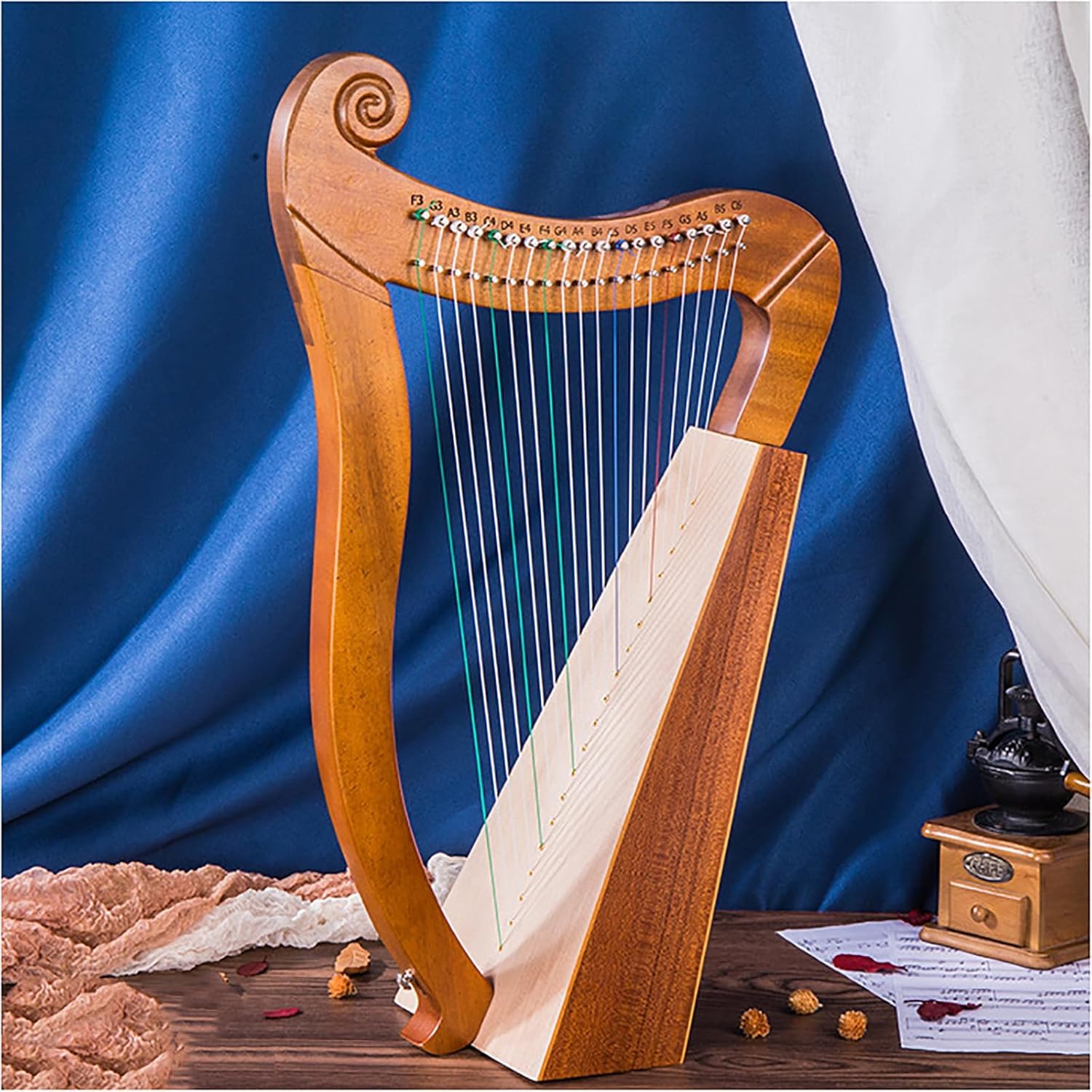 Arpa irlandesa celta, arpa de palanca de caoba de 19 cuerdas con llave de afinación y bolsa de concierto negra, arpa de lira estilo irlandés celta para adultos y niños principiantes