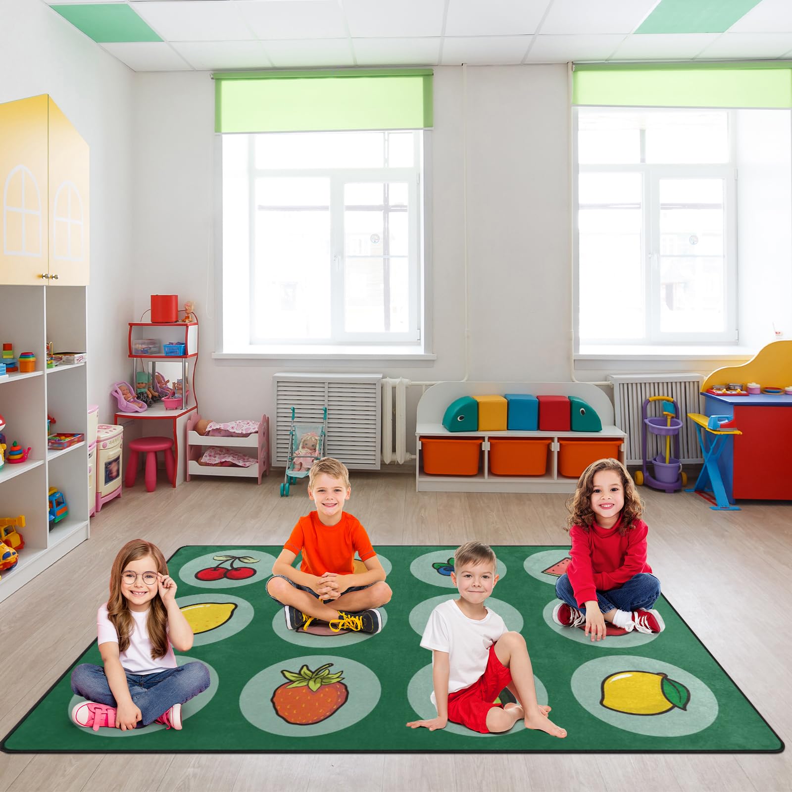 Kids Rug, Classroom Carpets Playmat Rugs - 5x7 Ft Kids Carpet with Rubber Backing, Various Fruits Learning Seating Rug Play Mat Nursery Rugs for Children Bedroom Playroom Elementary 12 Seats Green